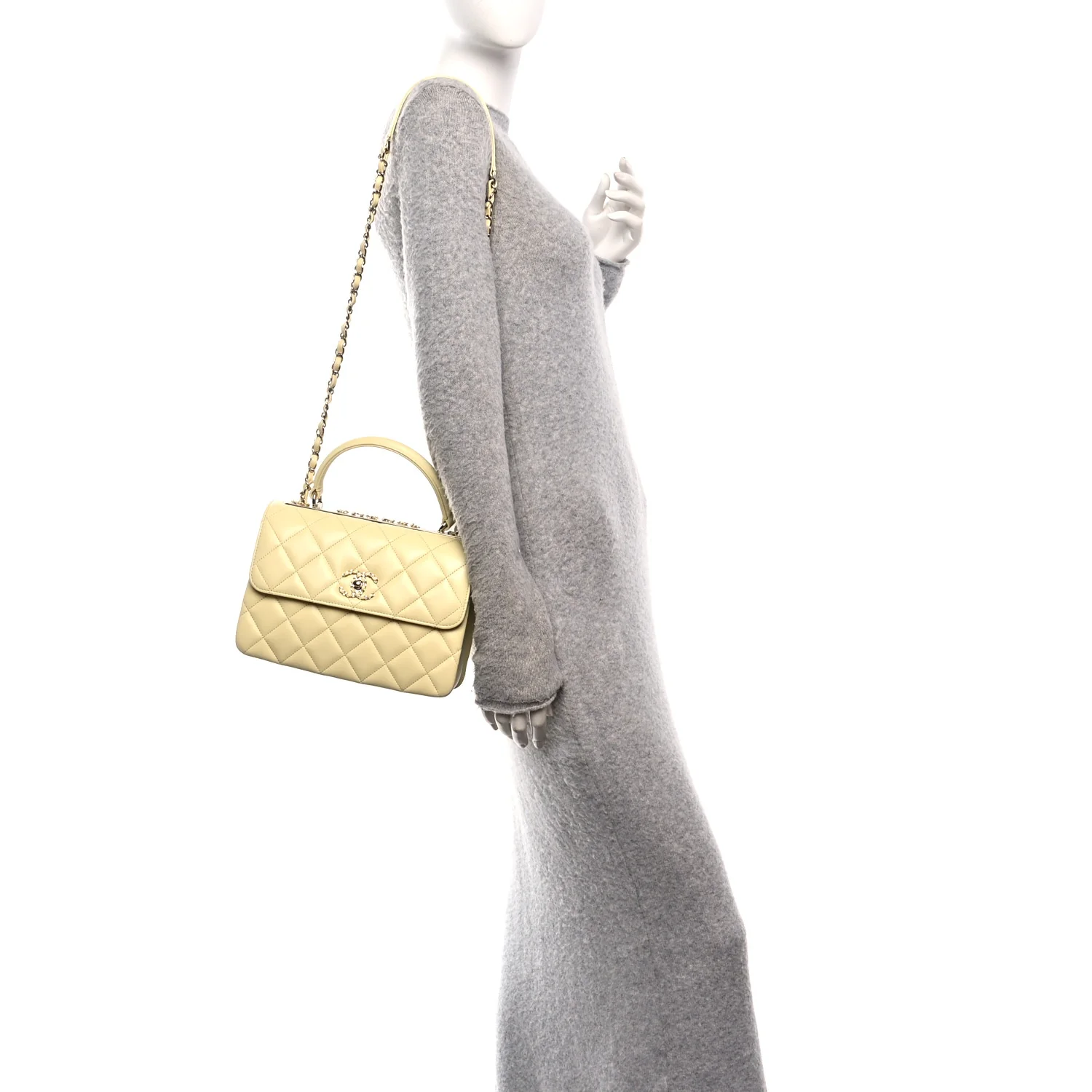 Lambskin Quilted Small Trendy Chain CC Dual Handle Flap Bag Yellow - Image 3