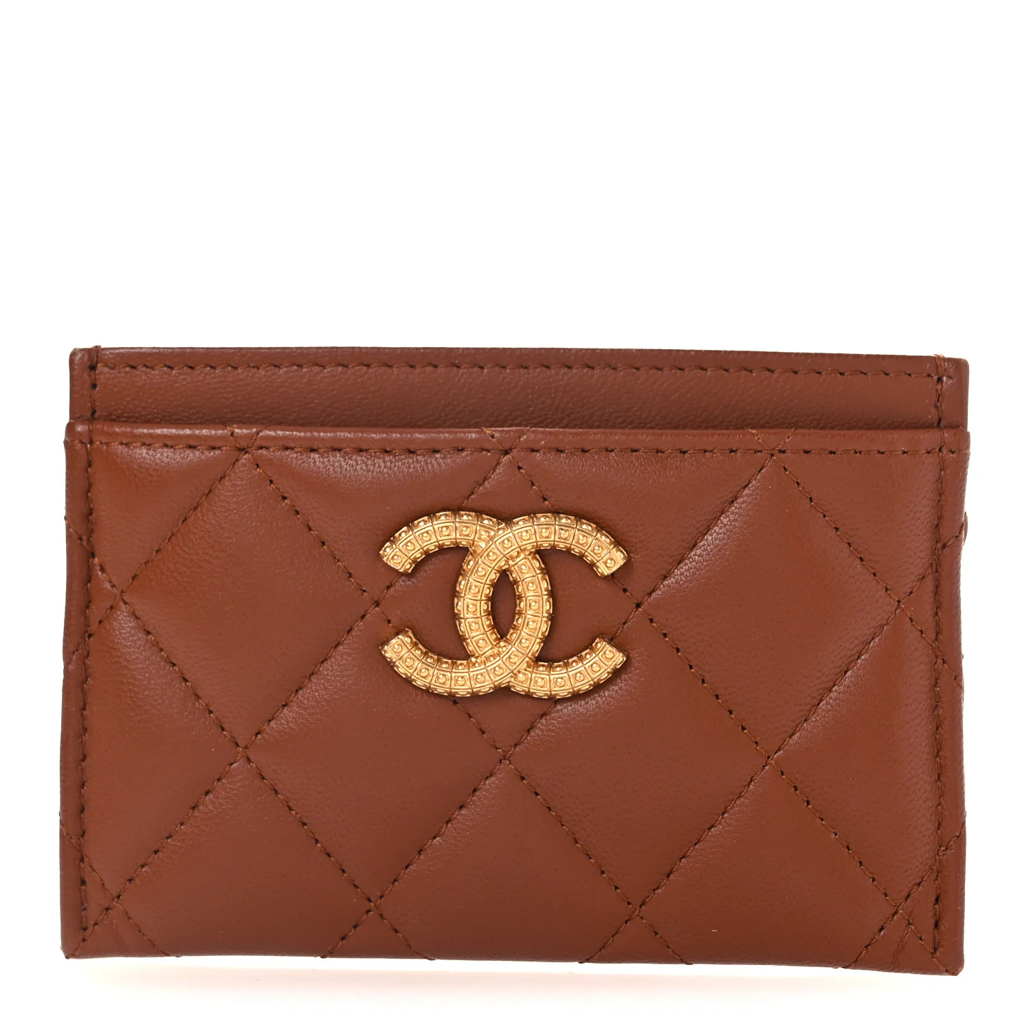 Lambskin Quilted Studded CC Card Holder Light Brown
