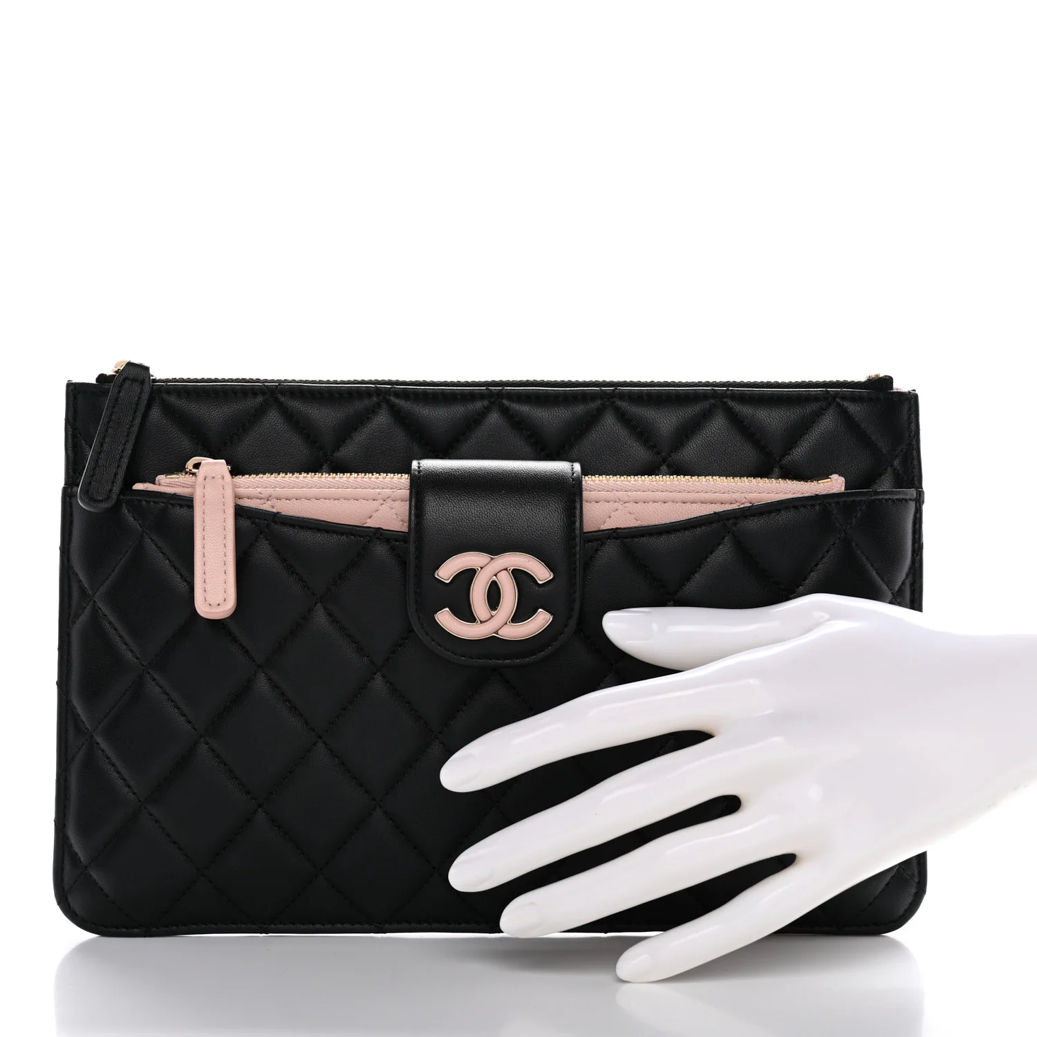 Lambskin Quilted Sunset Boulevard Pouch Case Black Pink - Image 2