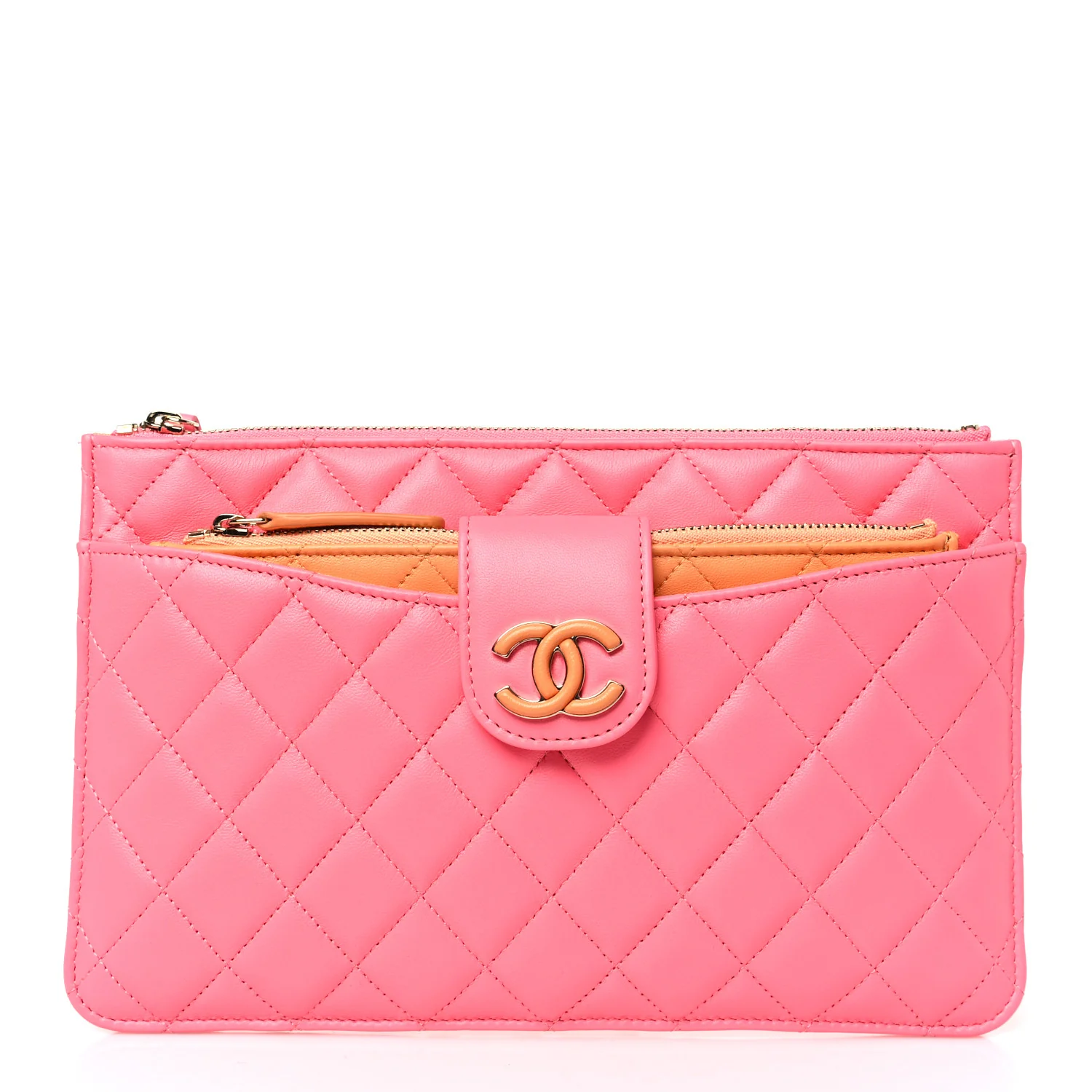 Lambskin Quilted Sunset Boulevard Pouch Case Coral Orange - Image 3