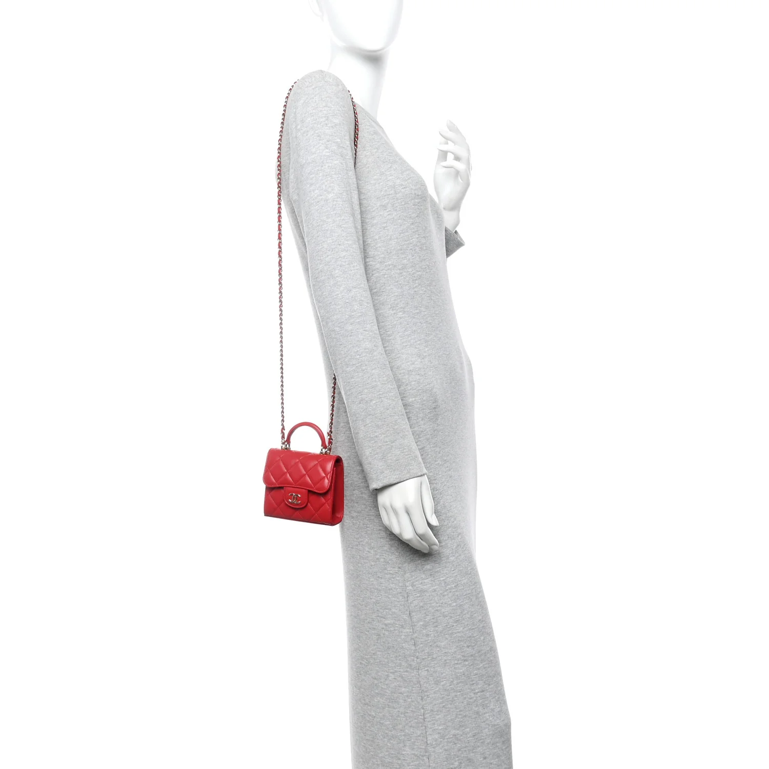 Lambskin Quilted Top Handle Flap Clutch With Chain Red - Image 3