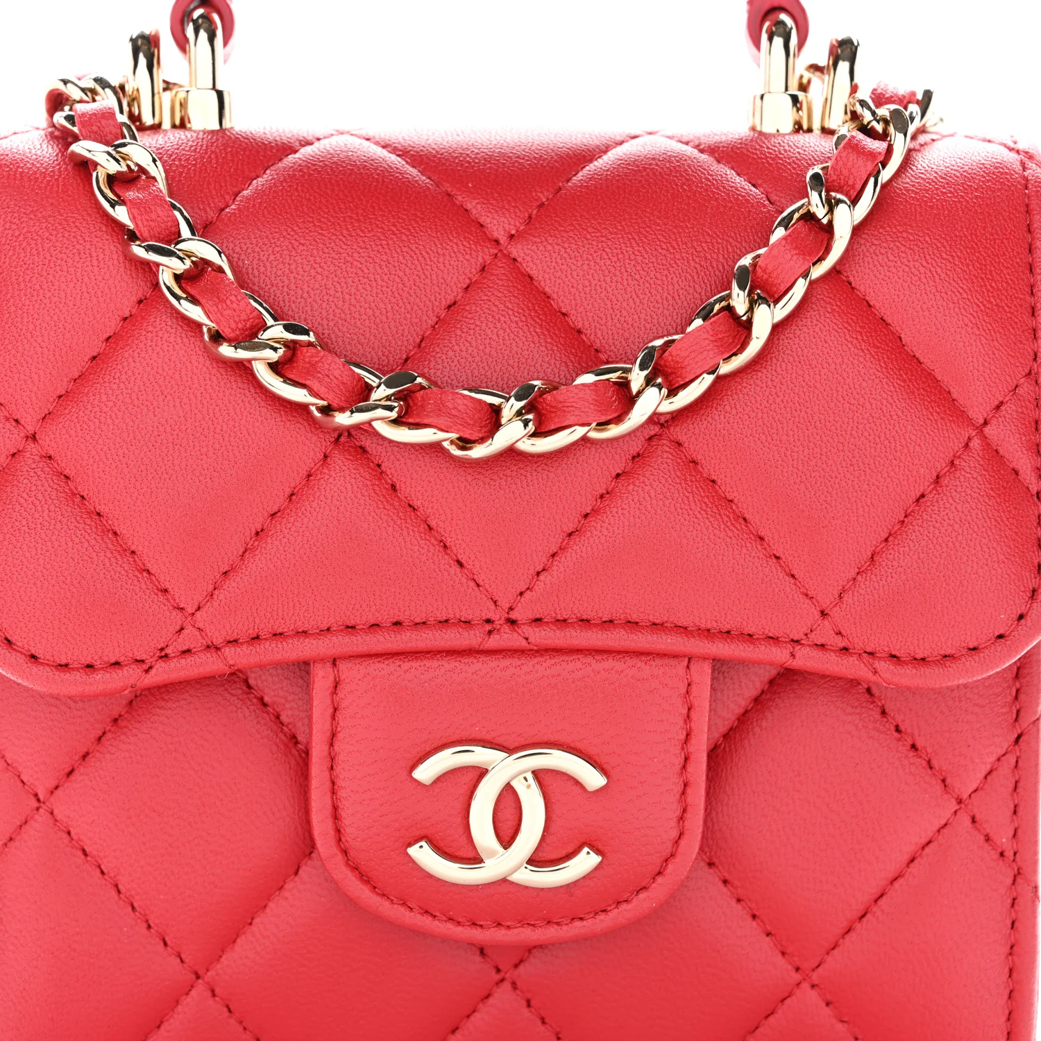 Lambskin Quilted Top Handle Flap Clutch With Chain Red - Image 8