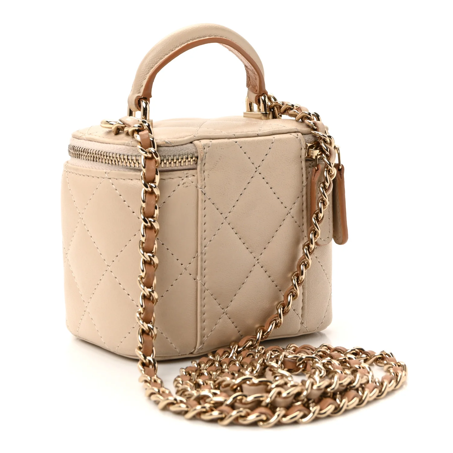 Lambskin Quilted Top Handle Mini Vanity Case With Chain Beige - Image 3