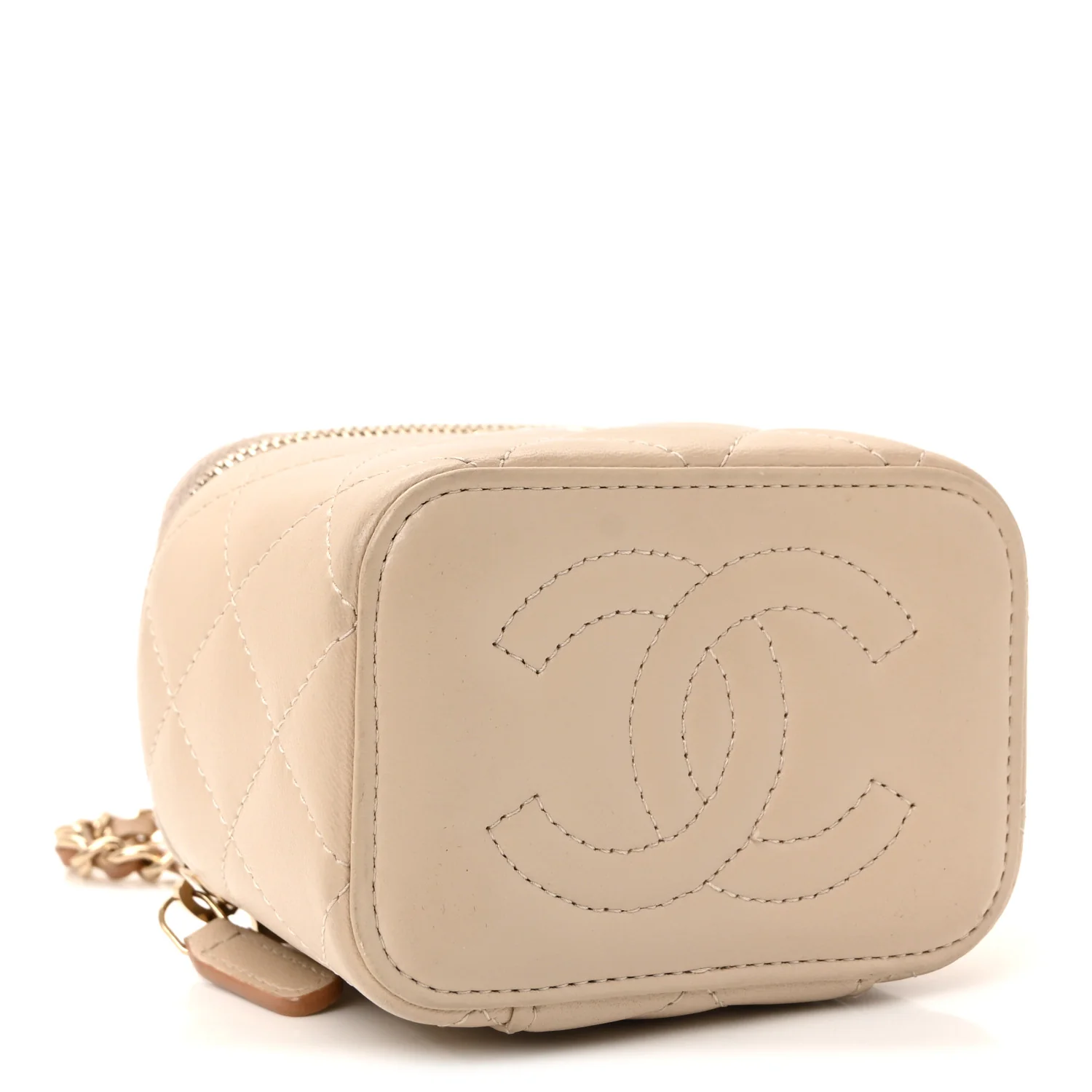 Lambskin Quilted Top Handle Mini Vanity Case With Chain Beige - Image 4