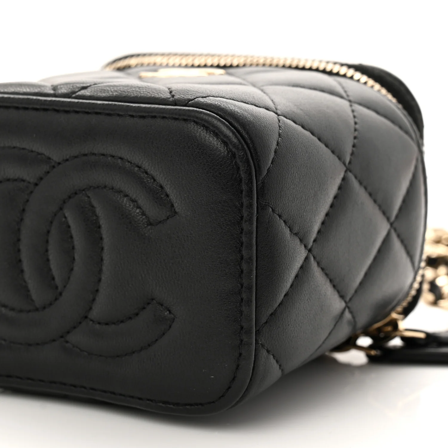 Lambskin Quilted Top Handle Mini Vanity Case With Chain Black - Image 11