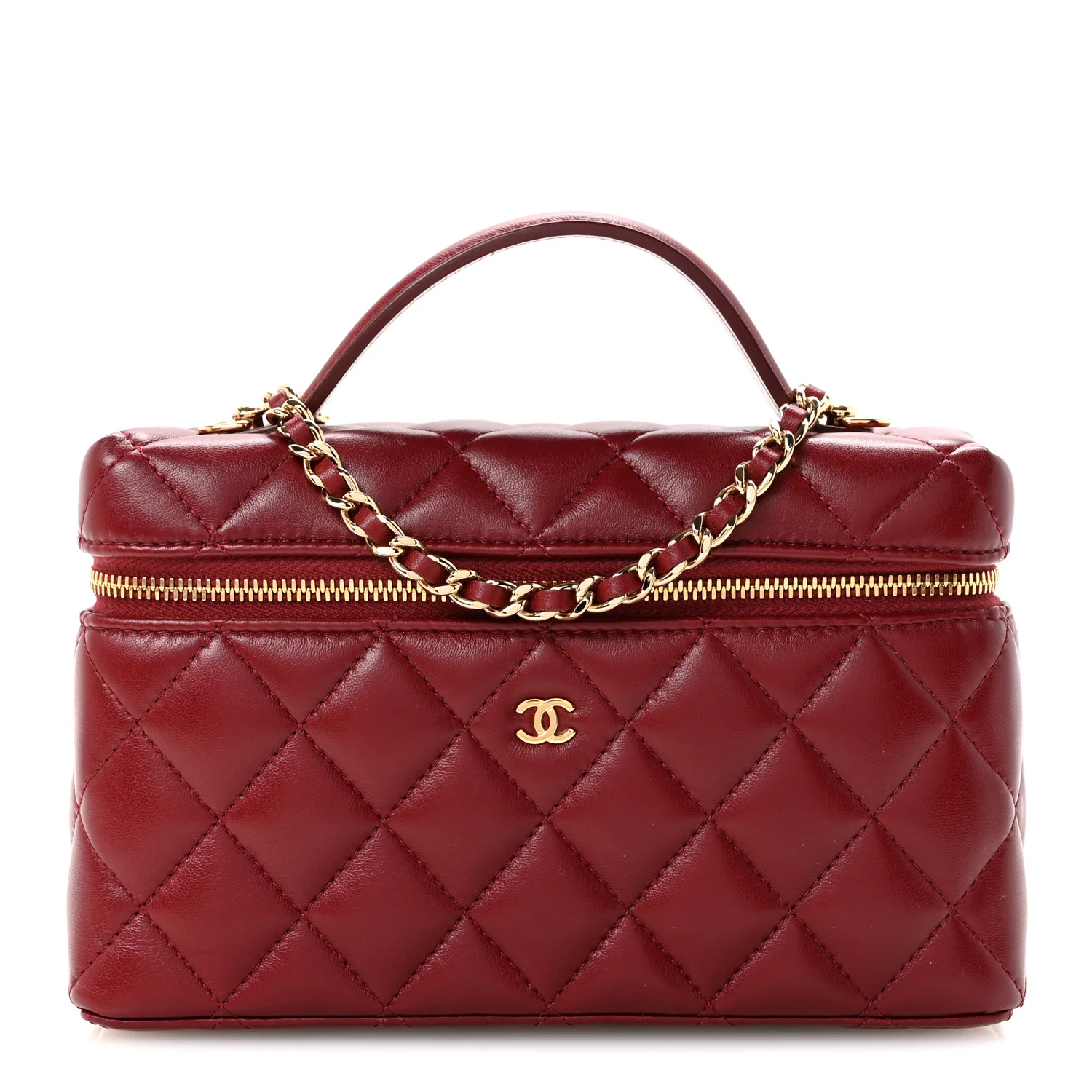 Lambskin Quilted Top Handle Slim Vanity With Chain Burgundy