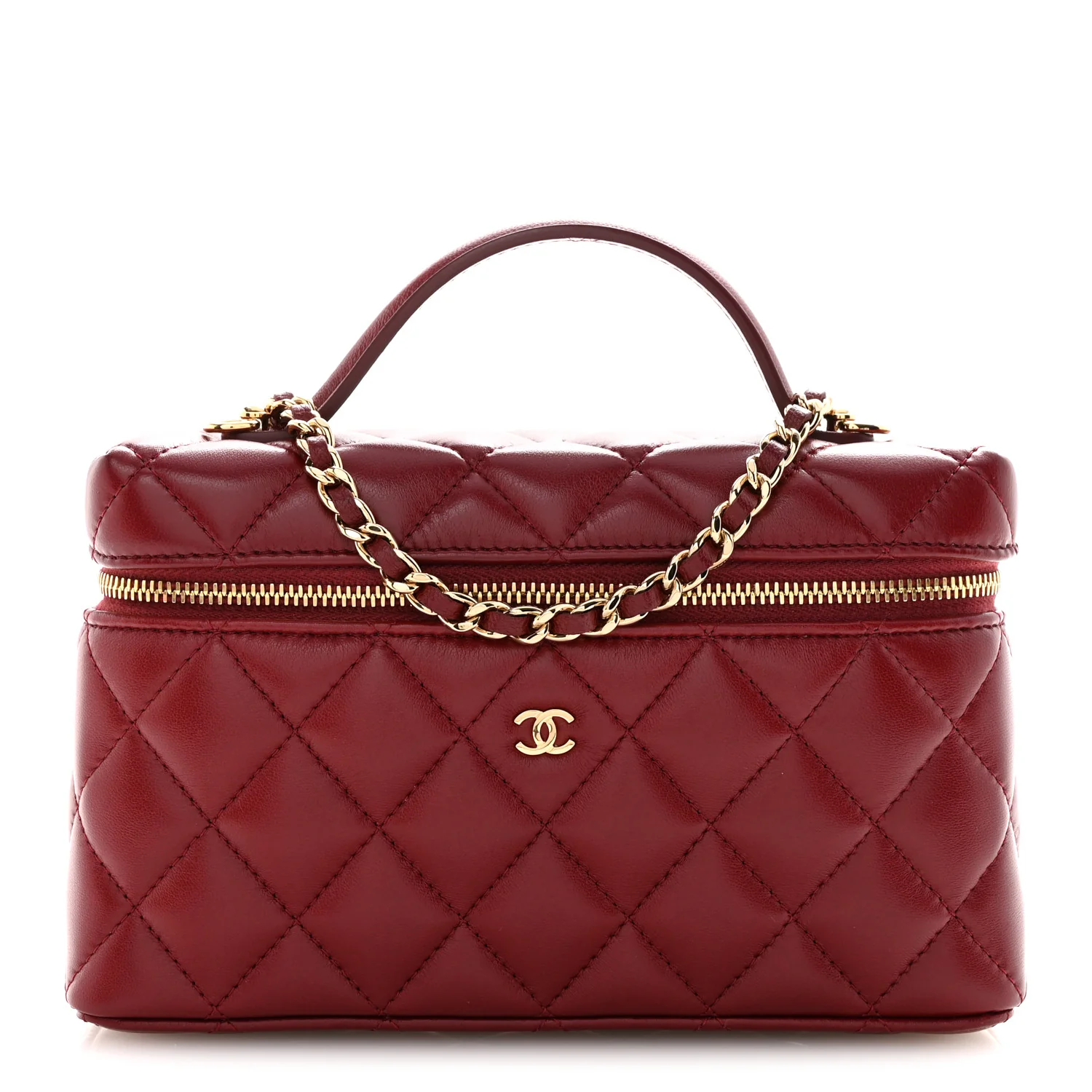 Lambskin Quilted Top Handle Slim Vanity With Chain Burgundy