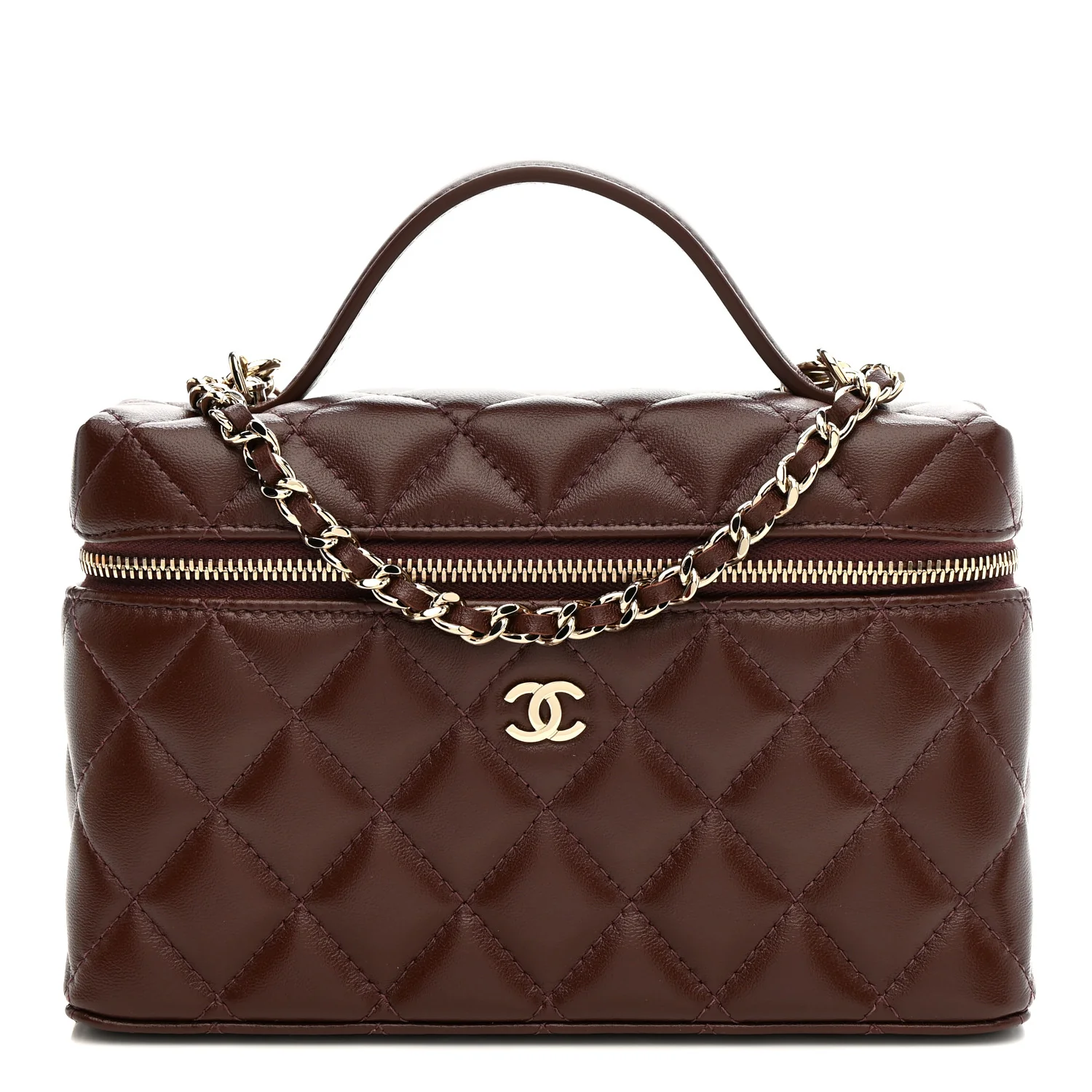 Lambskin Quilted Top Handle Slim Vanity With Chain Dark Brown