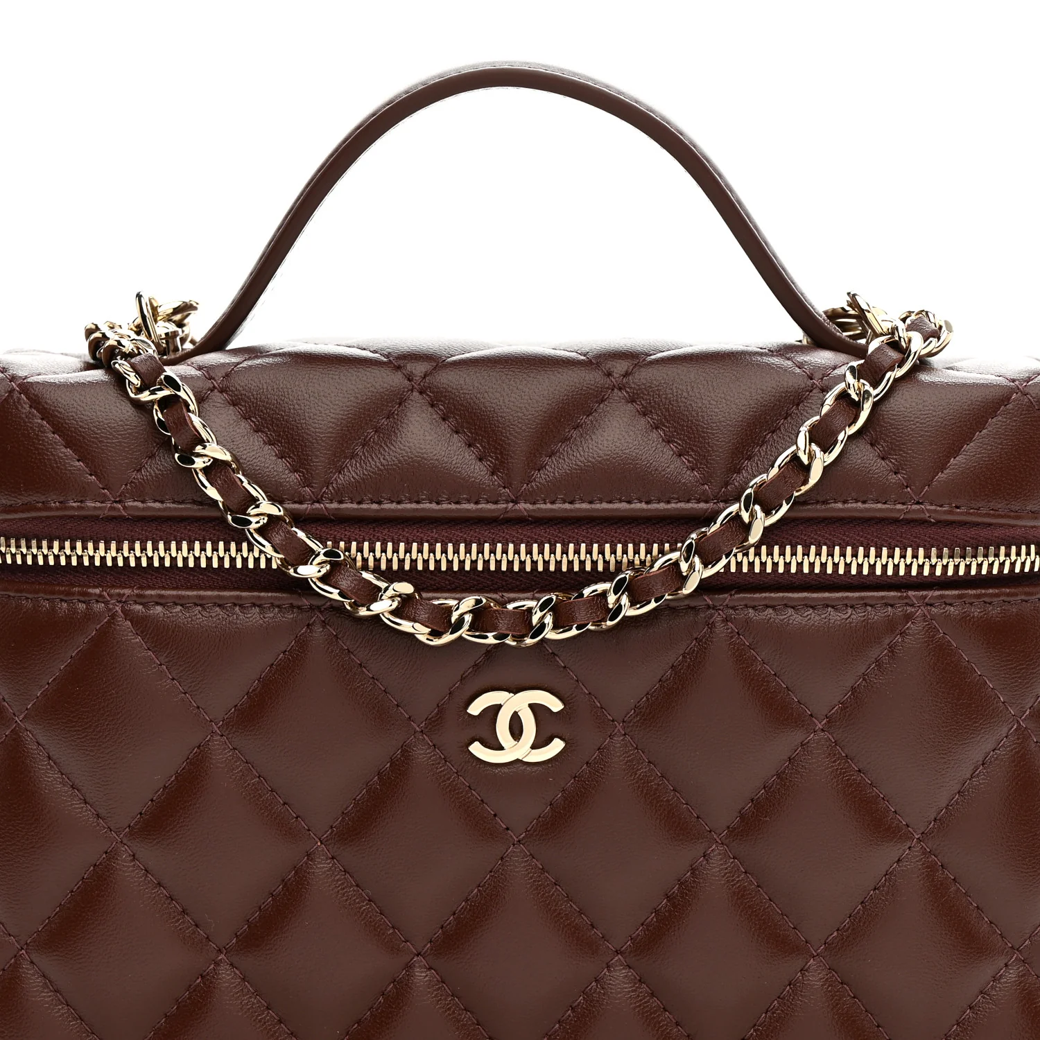Lambskin Quilted Top Handle Slim Vanity With Chain Dark Brown - Image 15