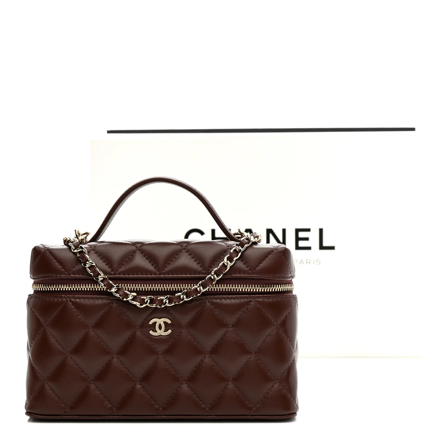 Lambskin Quilted Top Handle Slim Vanity With Chain Dark Brown - Image 21
