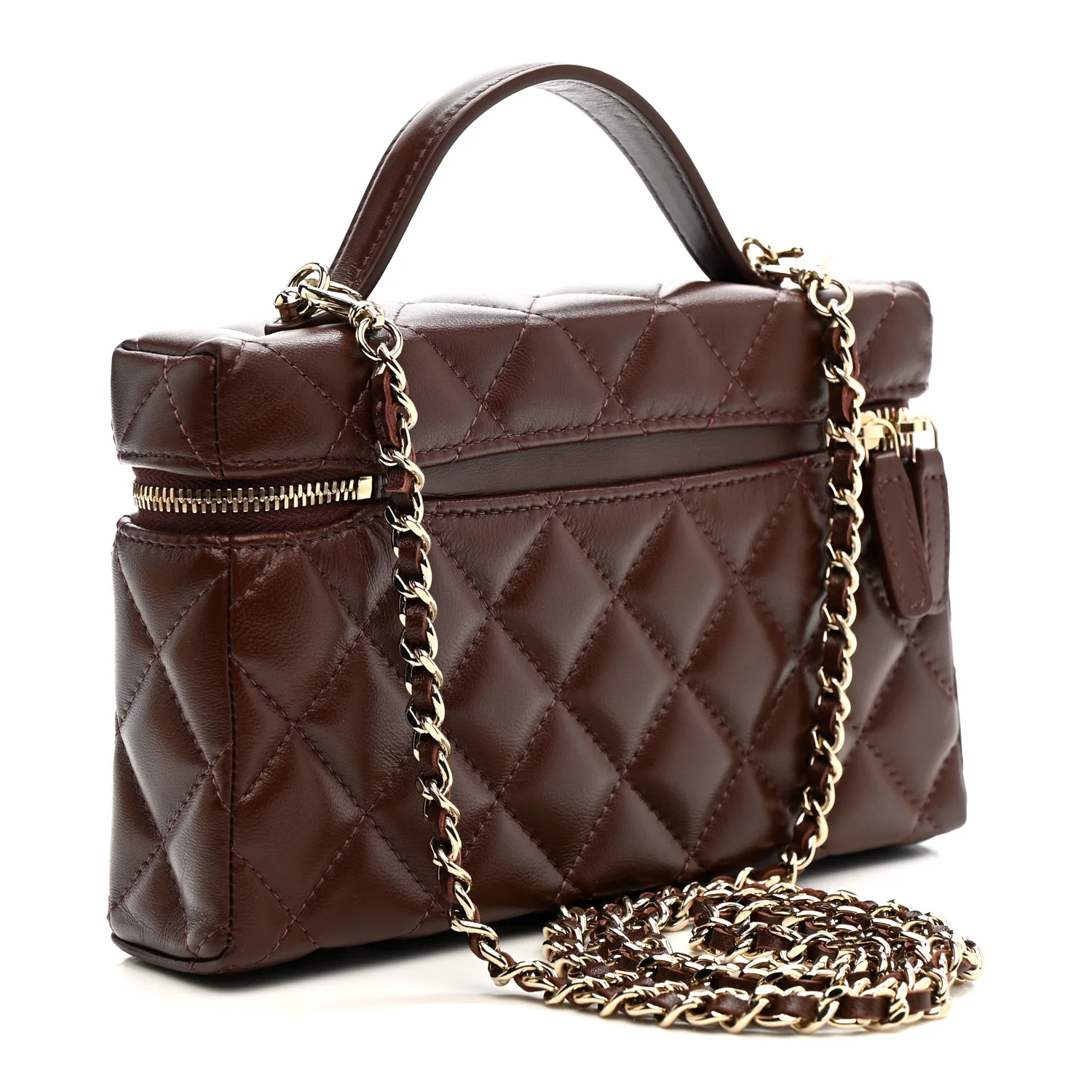 Lambskin Quilted Top Handle Slim Vanity With Chain Dark Brown - Image 4