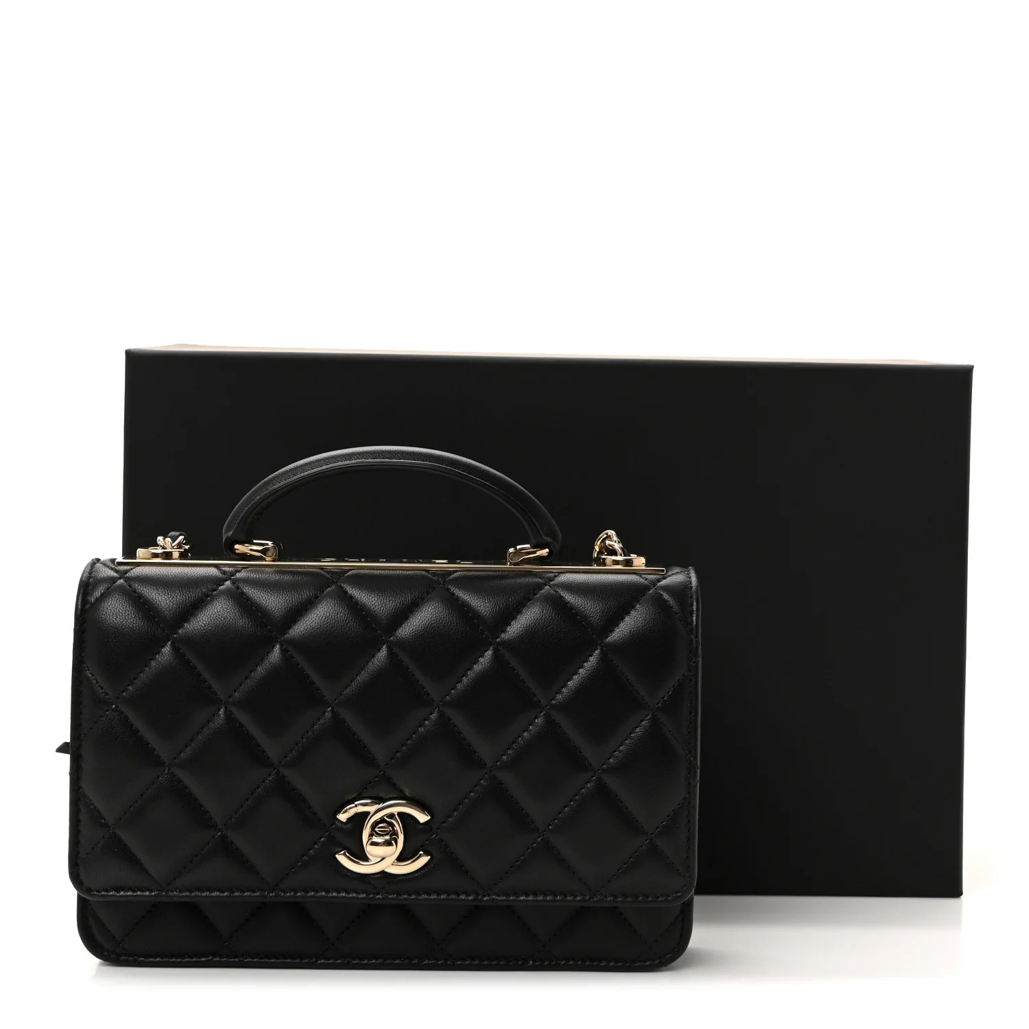 Lambskin Quilted Top Handle Trendy CC Wallet On Chain WOC Black - Image 23