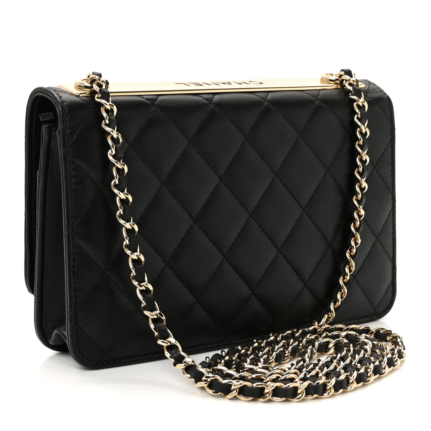 Lambskin Quilted Trendy CC Wallet On Chain WOC Black - Image 3