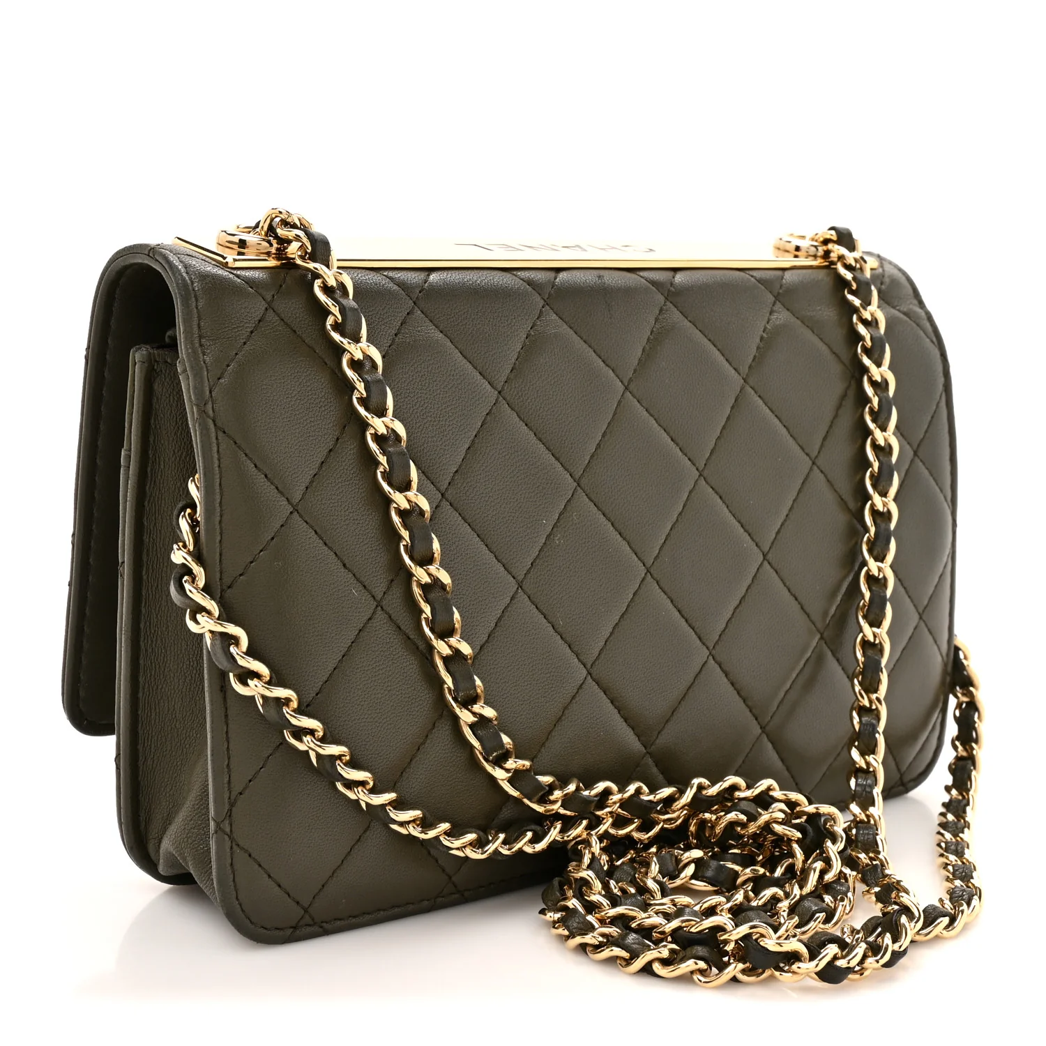 Lambskin Quilted Trendy CC Wallet On Chain WOC Green - Image 3