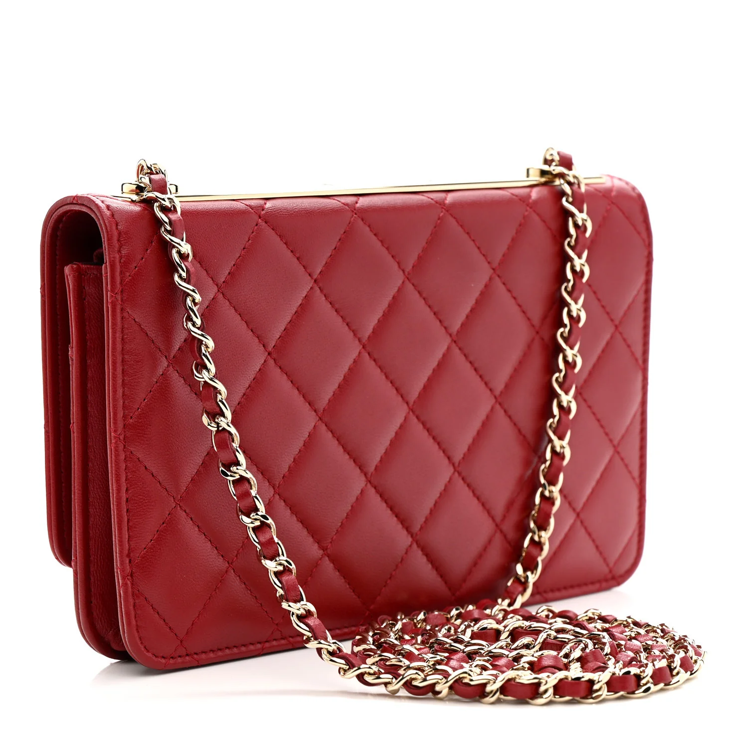 Lambskin Quilted Trendy CC Wallet On Chain WOC Red - Image 3