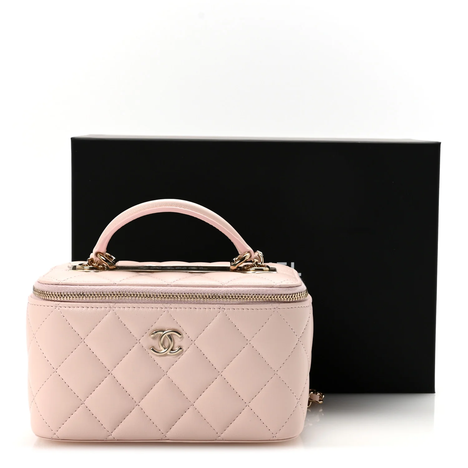 Lambskin Quilted Trendy Small Top Handle Vanity Case With Chain Light Pink - Image 11