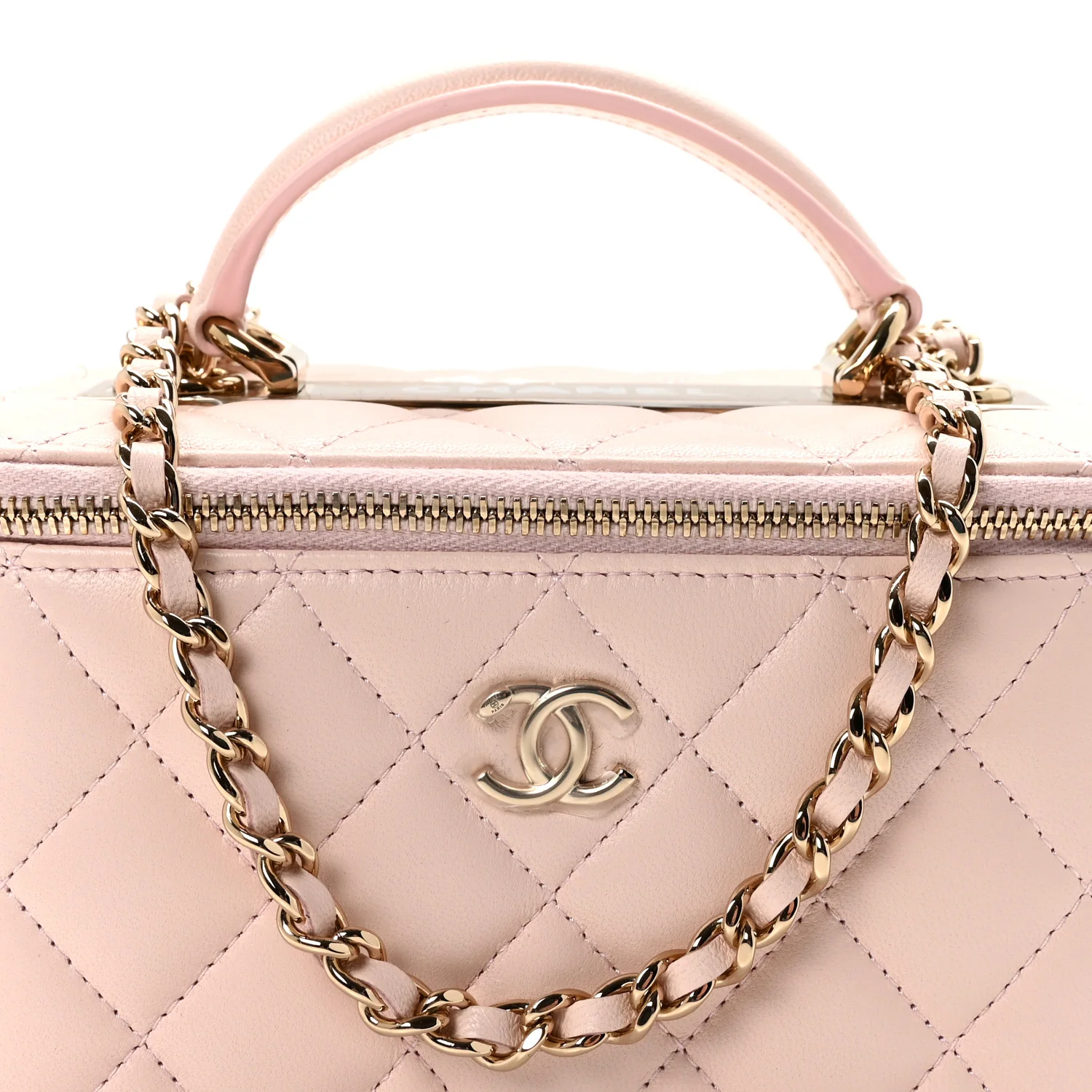 Lambskin Quilted Trendy Small Top Handle Vanity Case With Chain Light Pink - Image 8