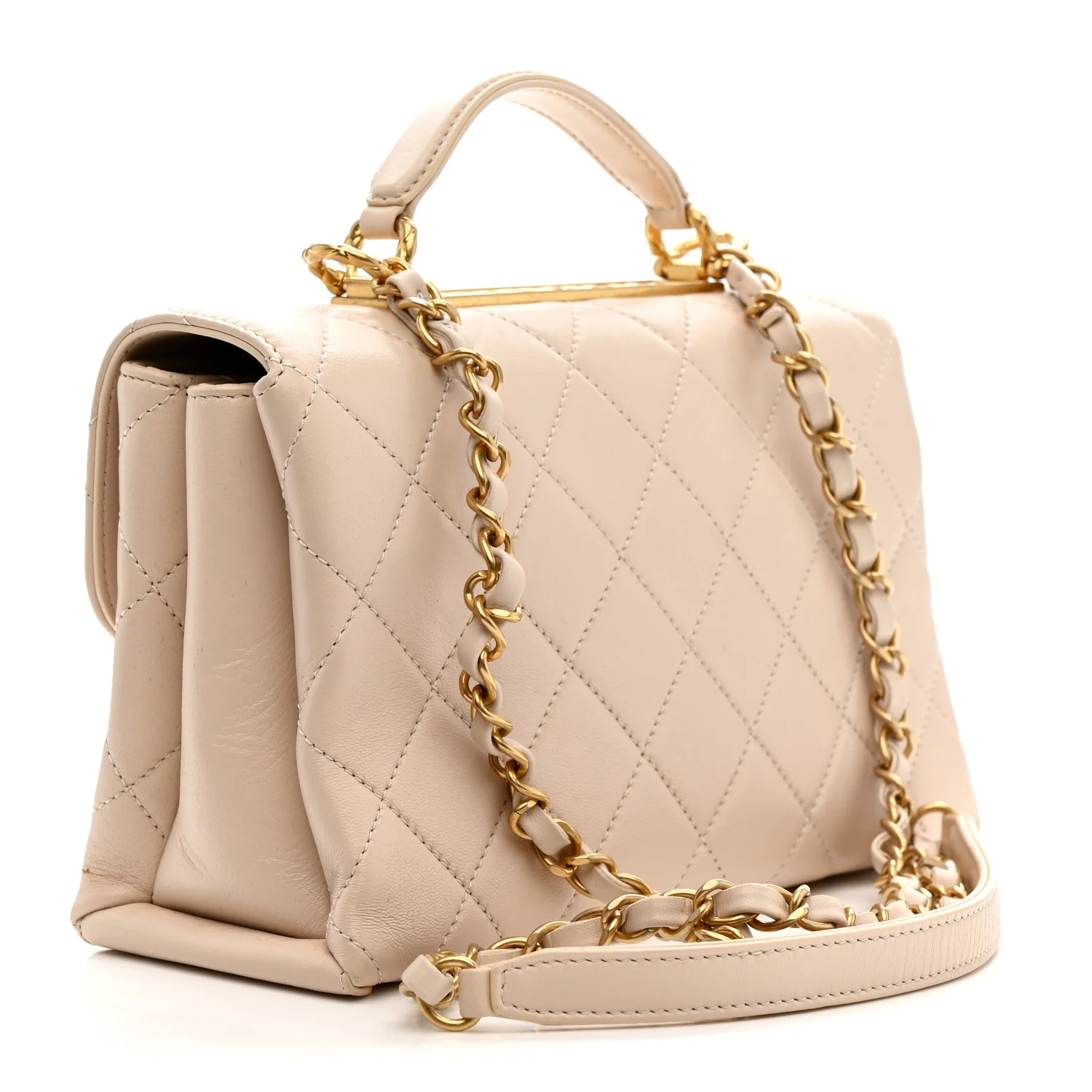 Lambskin Quilted Trendy Spirit Top Handle Flap Beige - Image 3