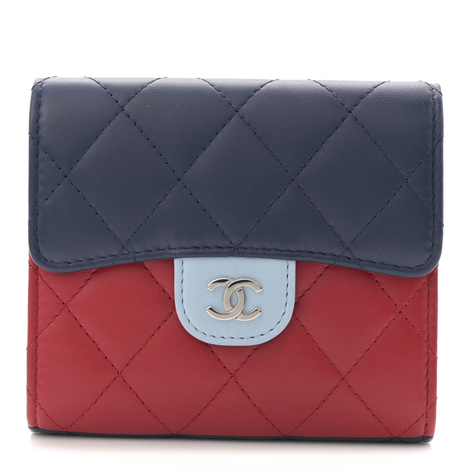 Lambskin Quilted Tri-Color Compact Flap Wallet Navy Blue Red