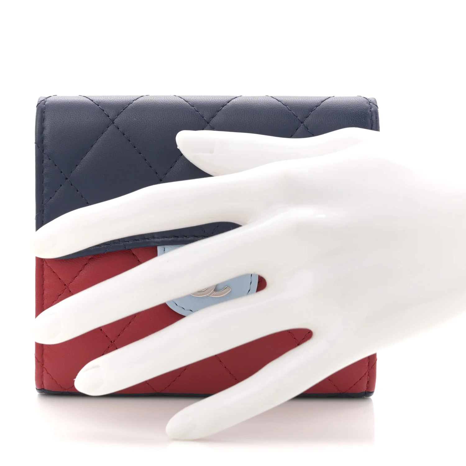 Lambskin Quilted Tri-Color Compact Flap Wallet Navy Blue Red - Image 2