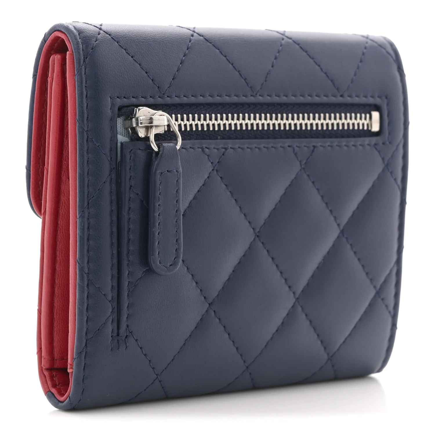 Lambskin Quilted Tri-Color Compact Flap Wallet Navy Blue Red - Image 3