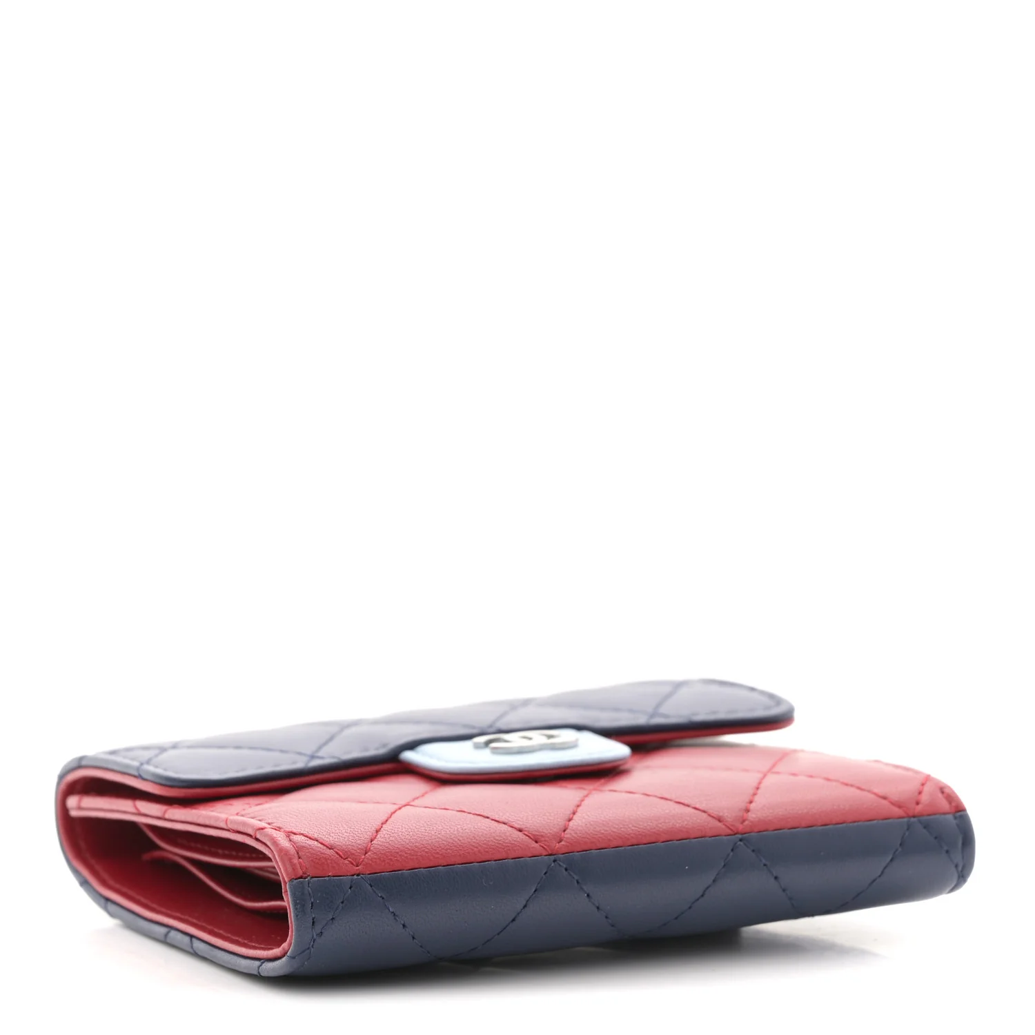 Lambskin Quilted Tri-Color Compact Flap Wallet Navy Blue Red - Image 4