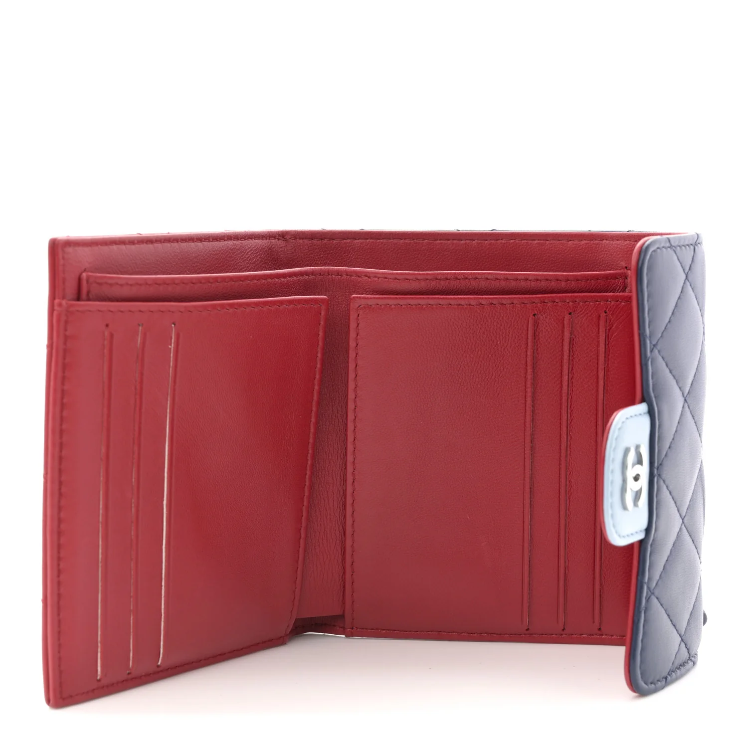Lambskin Quilted Tri-Color Compact Flap Wallet Navy Blue Red - Image 5