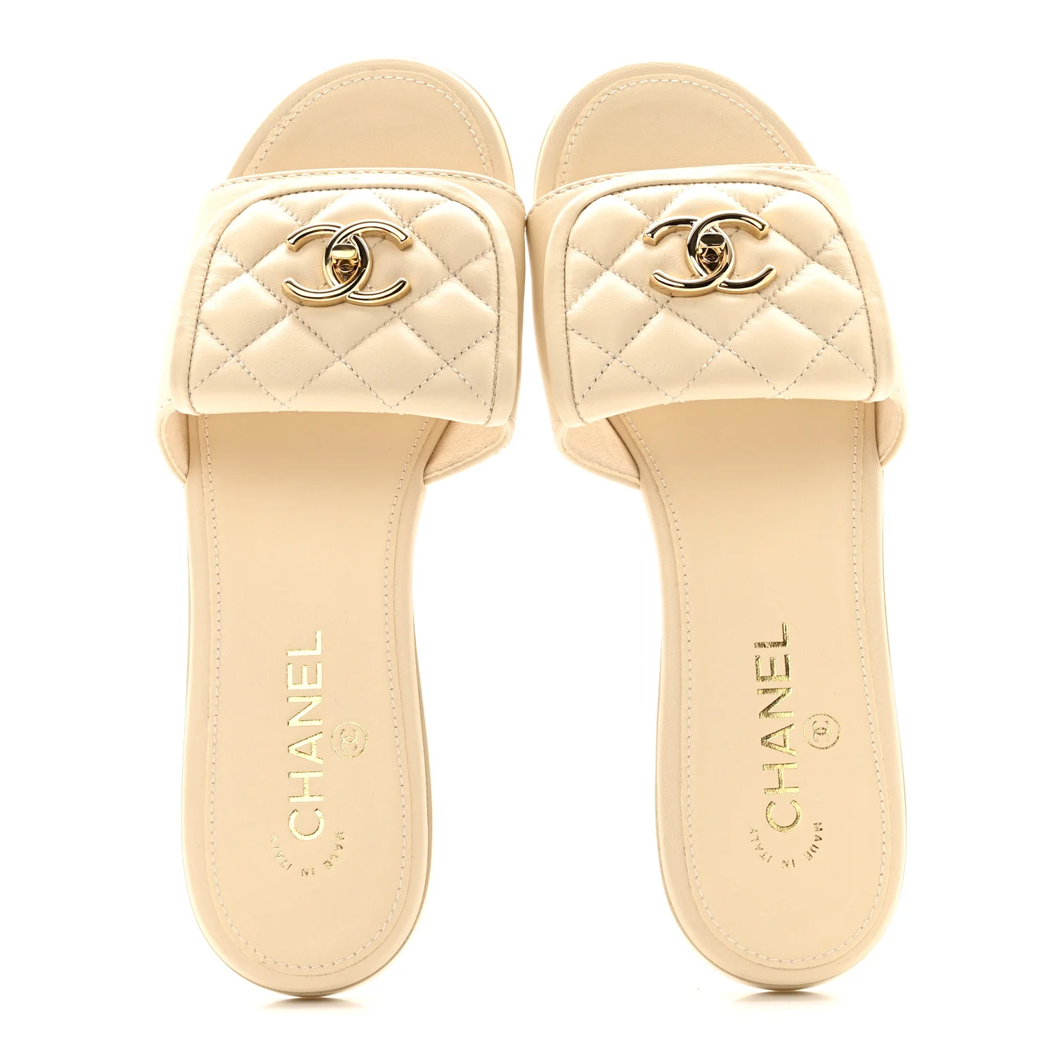 Lambskin Quilted Turnlock Flat Mules 39 Light Beige - Image 2