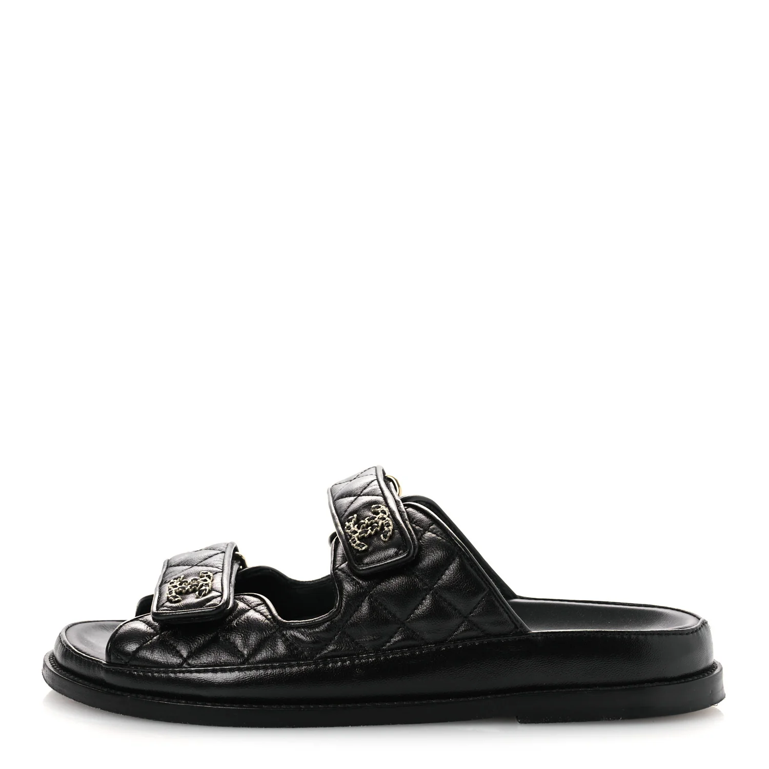Lambskin Quilted Velcro Dad Chain CC Slide Sandals 39 Black