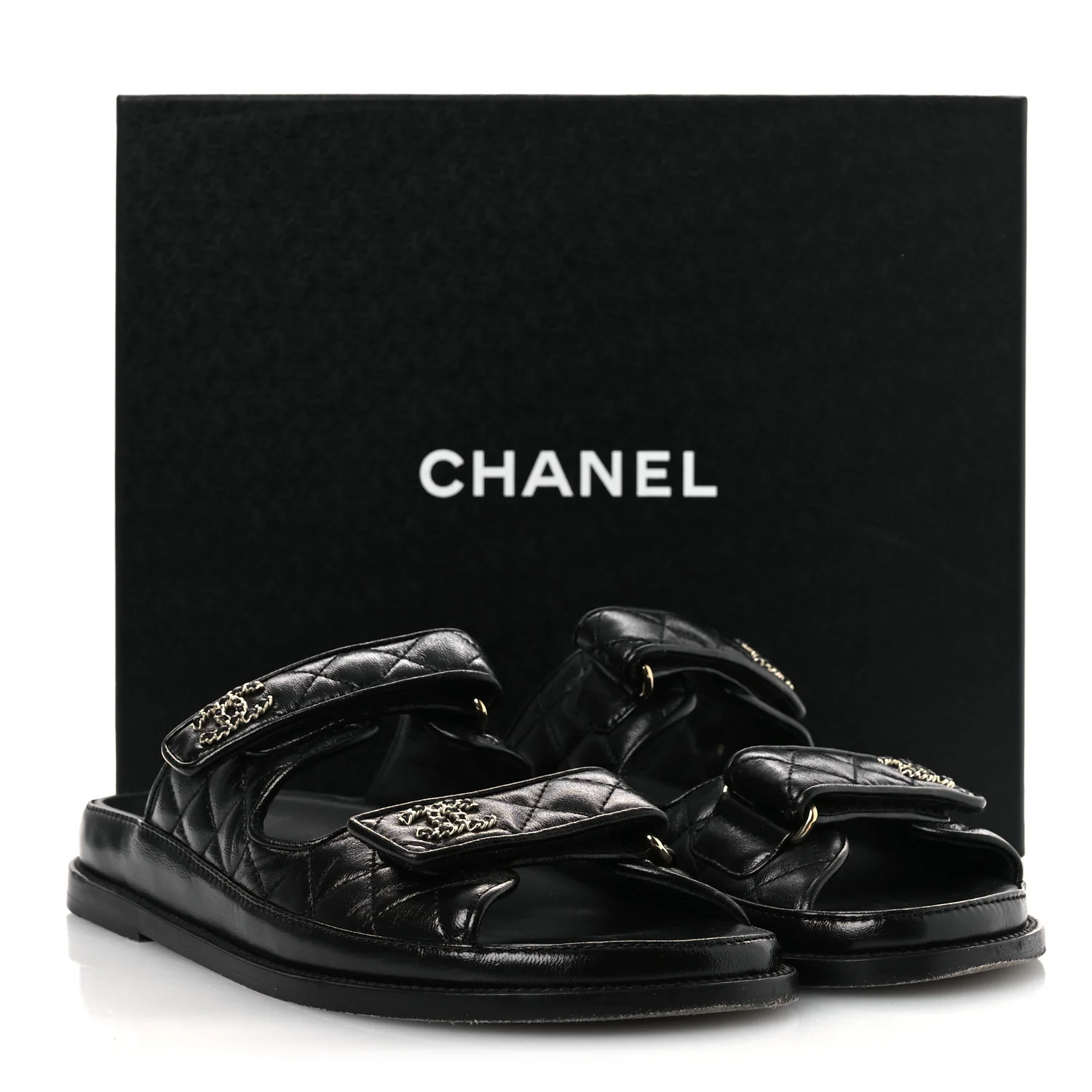 Lambskin Quilted Velcro Dad Chain CC Slide Sandals 39 Black - Image 13