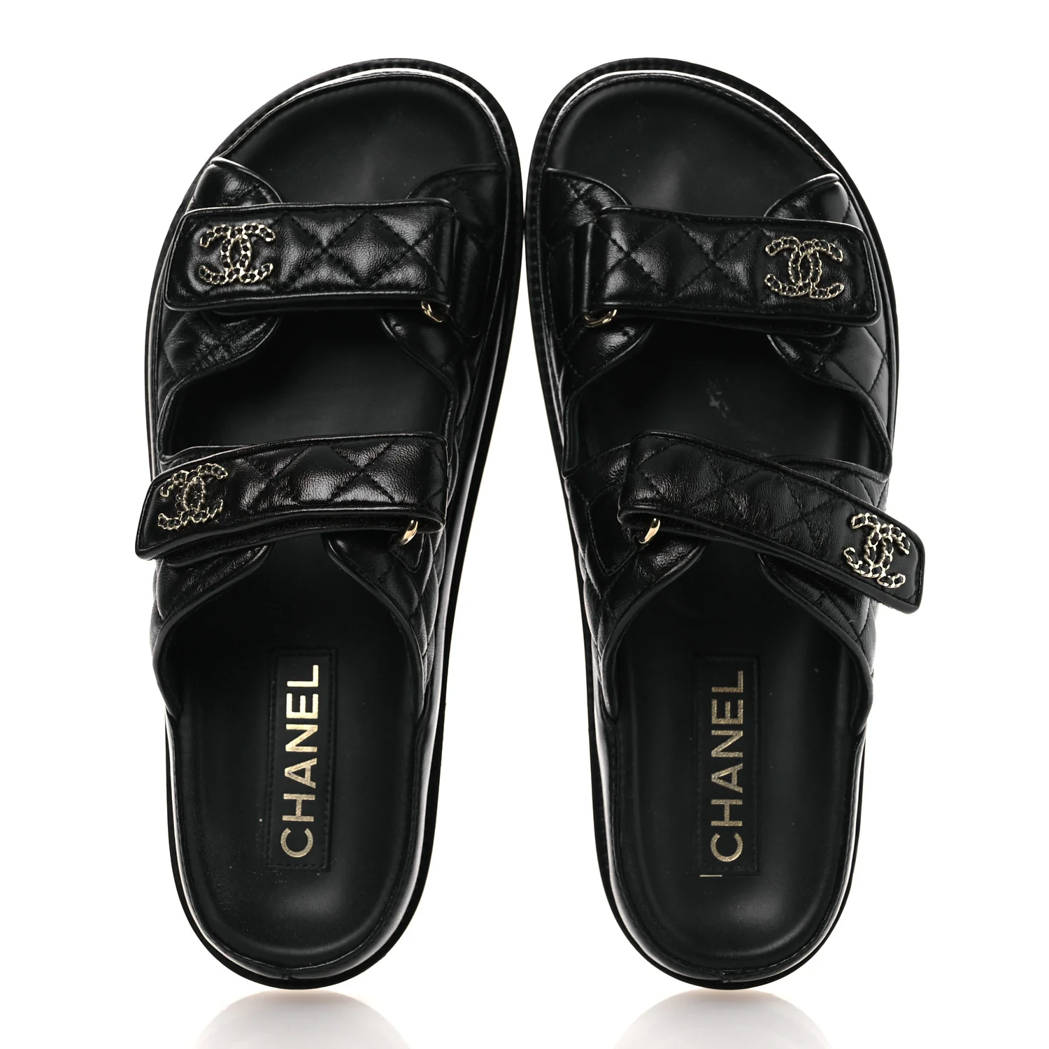 Lambskin Quilted Velcro Dad Chain CC Slide Sandals 39 Black - Image 2