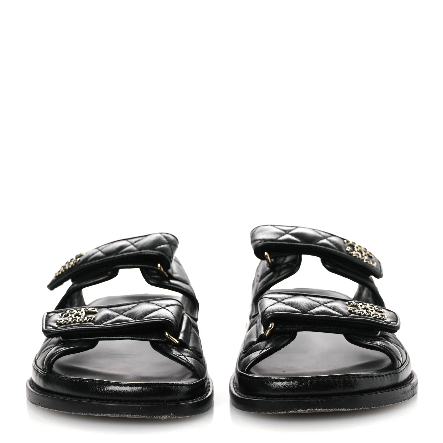 Lambskin Quilted Velcro Dad Chain CC Slide Sandals 39 Black - Image 3