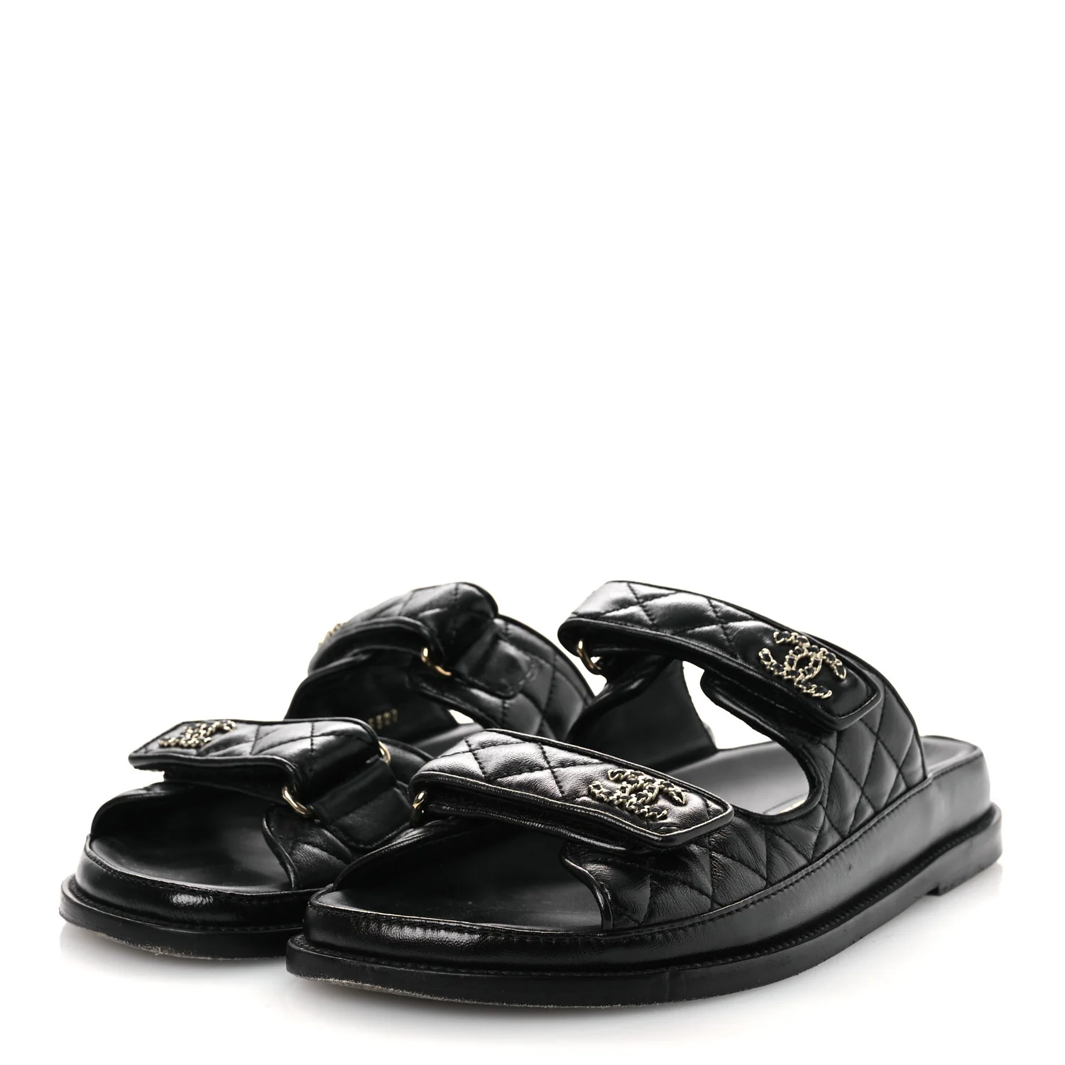 Lambskin Quilted Velcro Dad Chain CC Slide Sandals 39 Black - Image 4