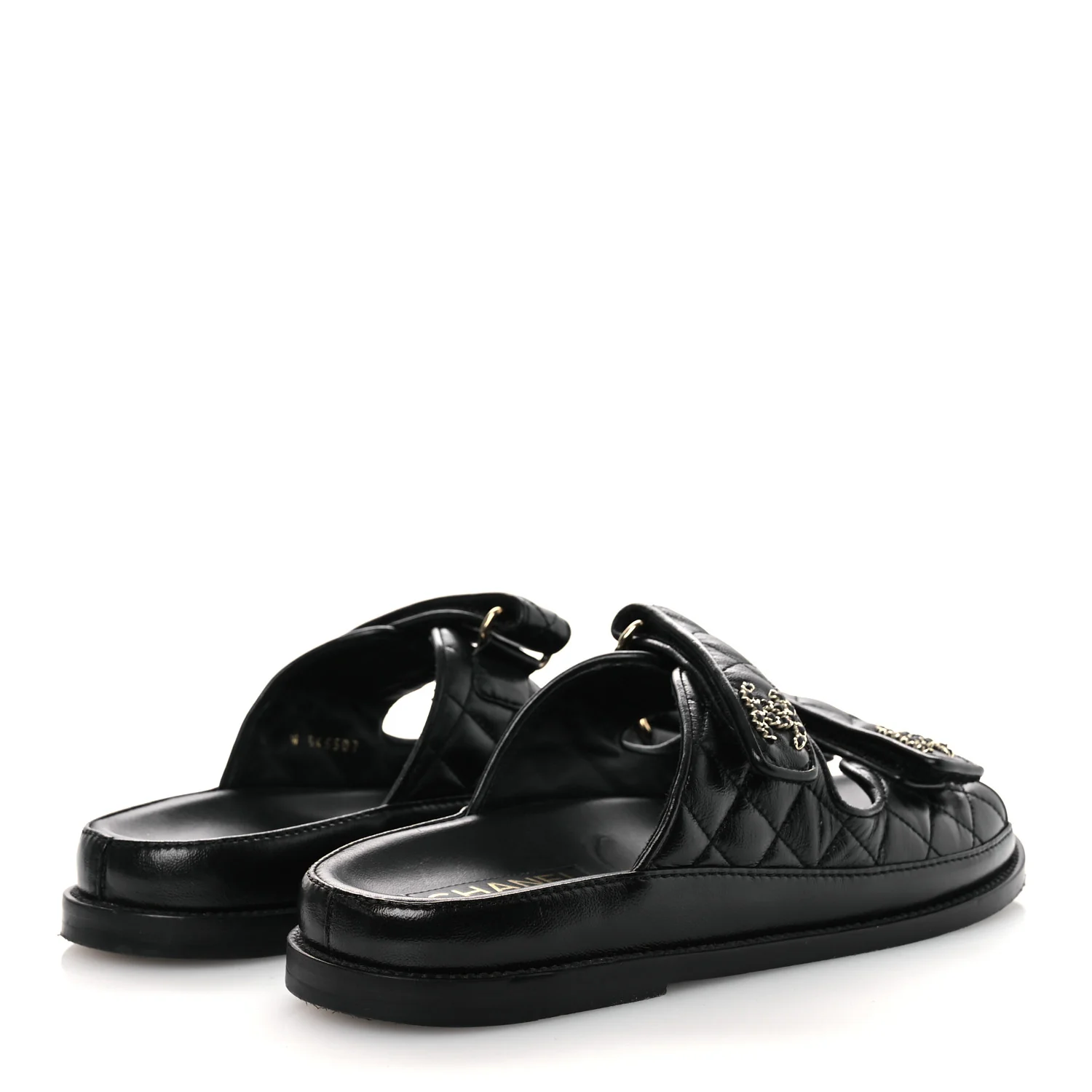 Lambskin Quilted Velcro Dad Chain CC Slide Sandals 39 Black - Image 5