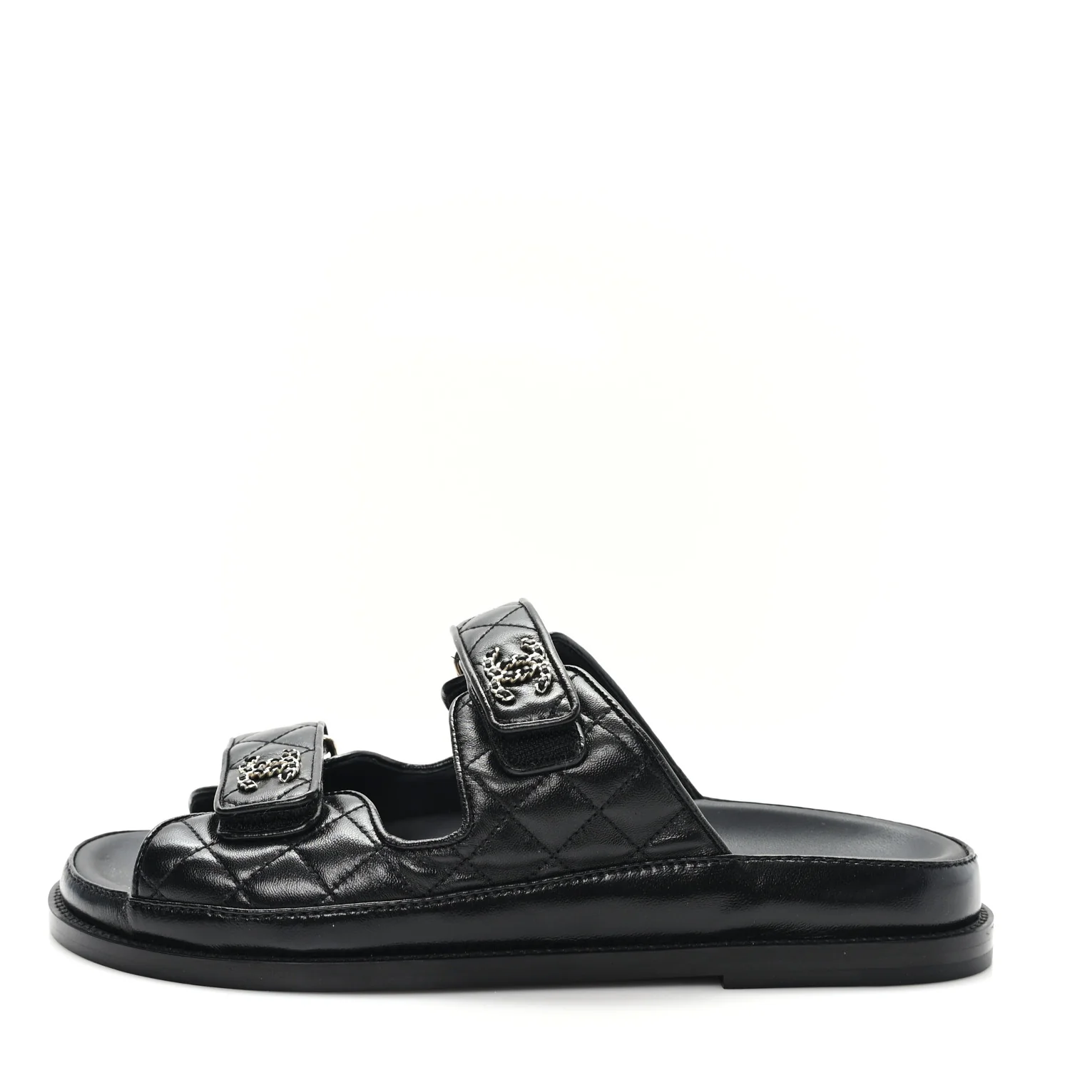 Lambskin Quilted Velcro Dad Chain CC Slide Sandals 40 Black