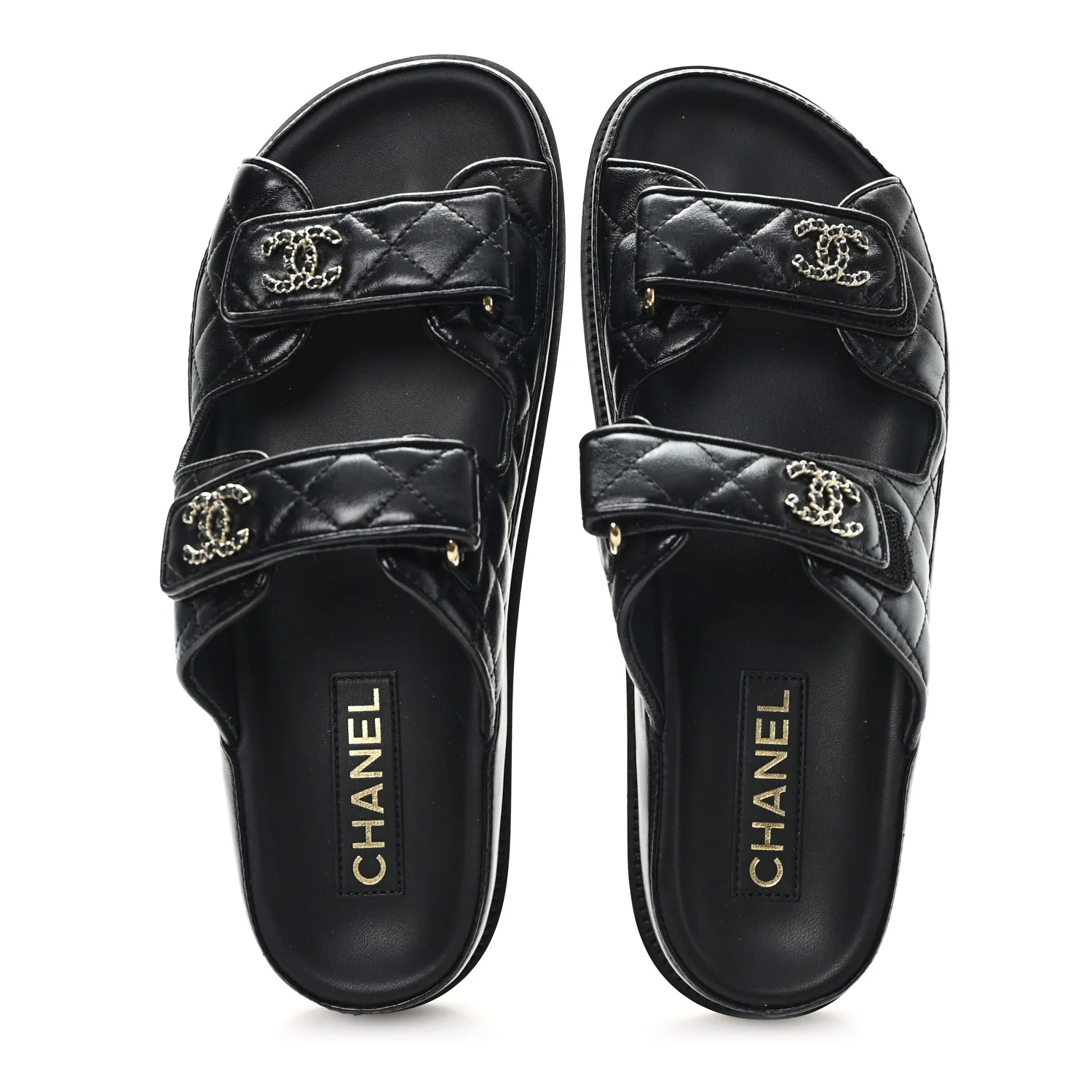 Lambskin Quilted Velcro Dad Chain CC Slide Sandals 40 Black - Image 2