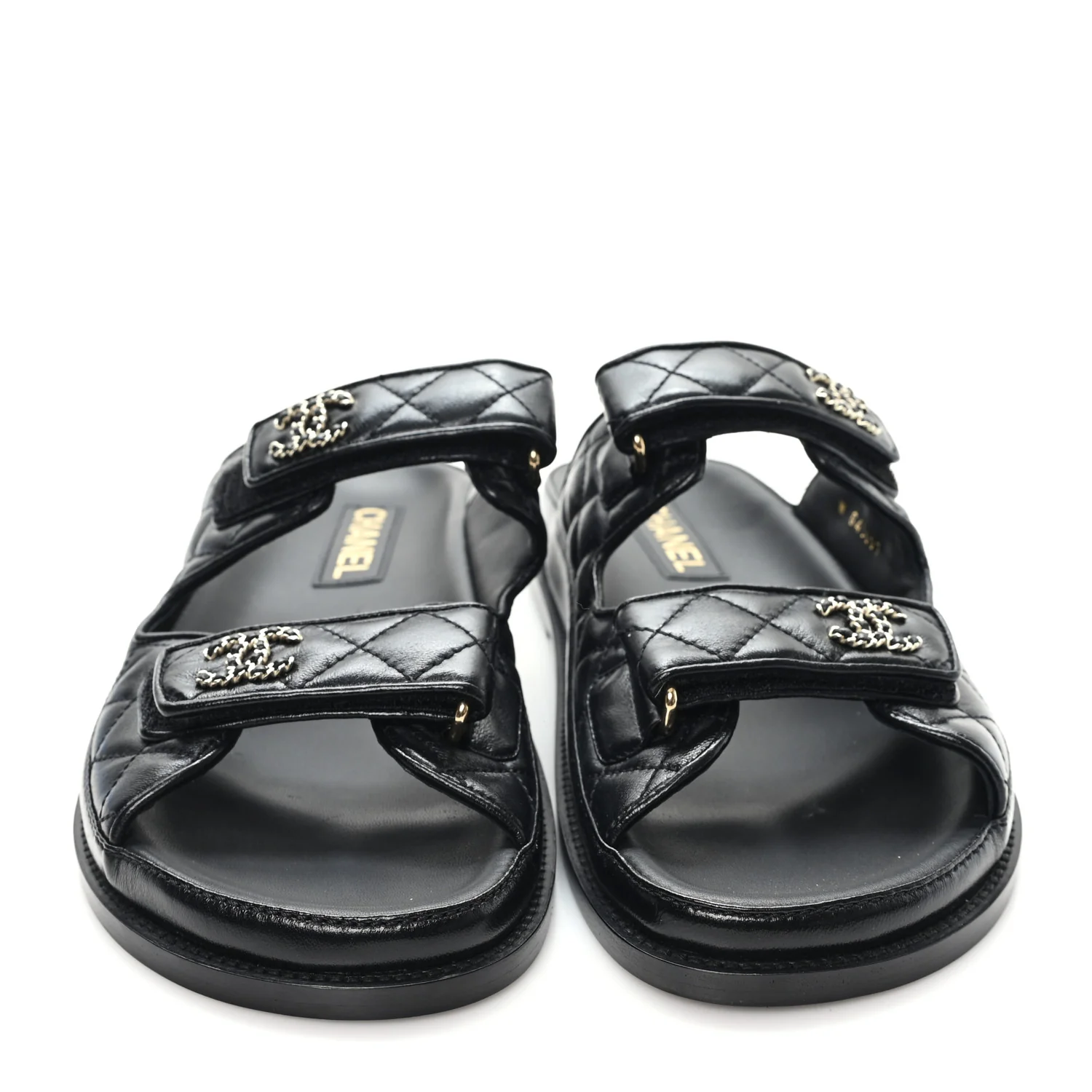 Lambskin Quilted Velcro Dad Chain CC Slide Sandals 40 Black - Image 3