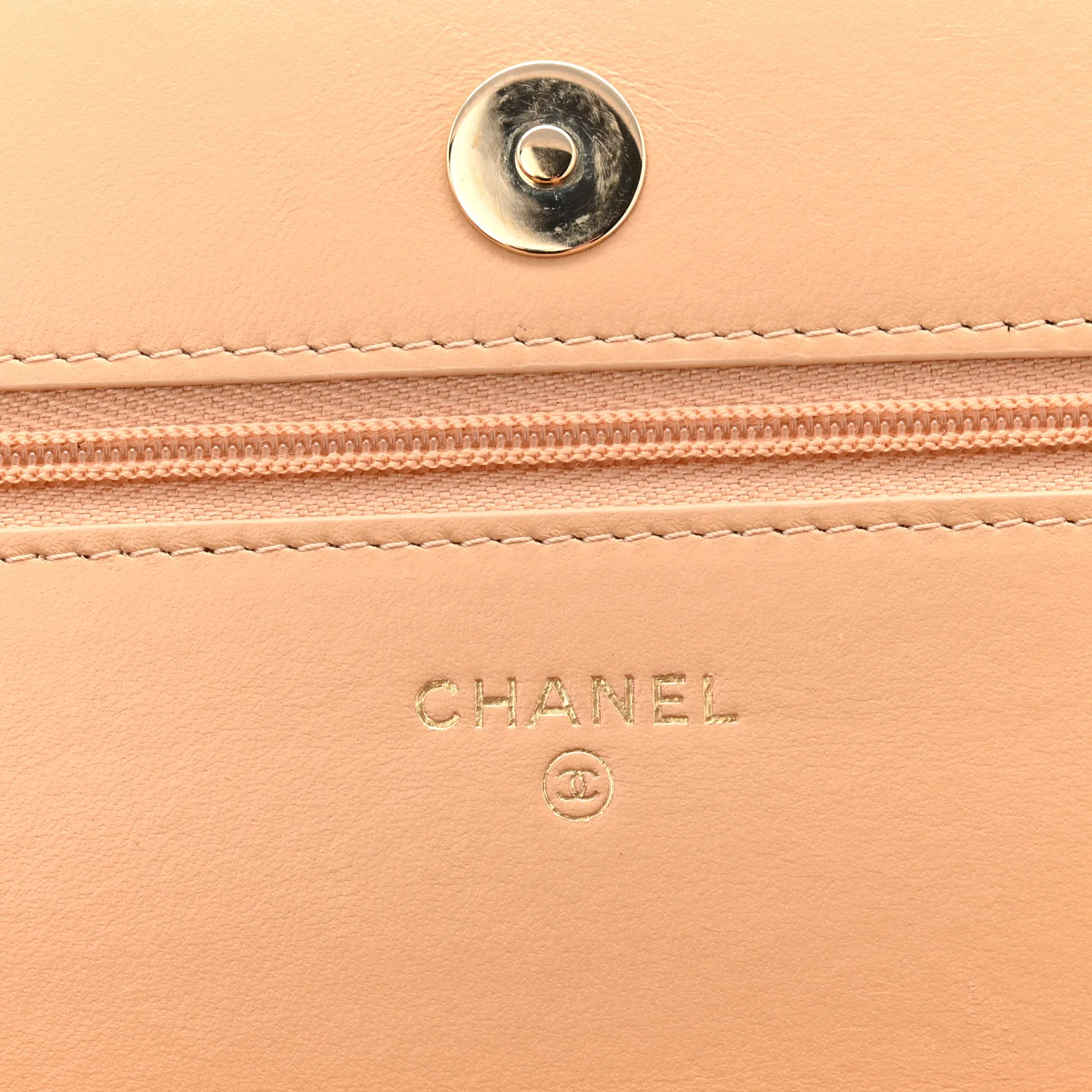 Lambskin Quilted Wallet On Chain WOC Beige Black - Image 11
