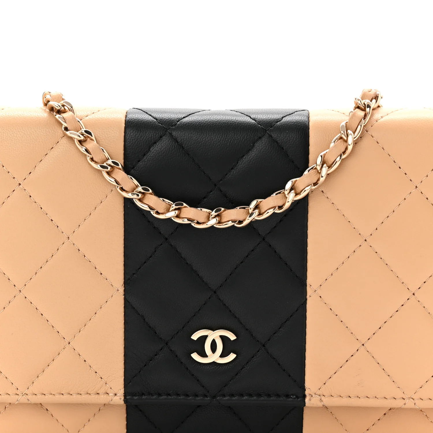 Lambskin Quilted Wallet On Chain WOC Beige Black - Image 16