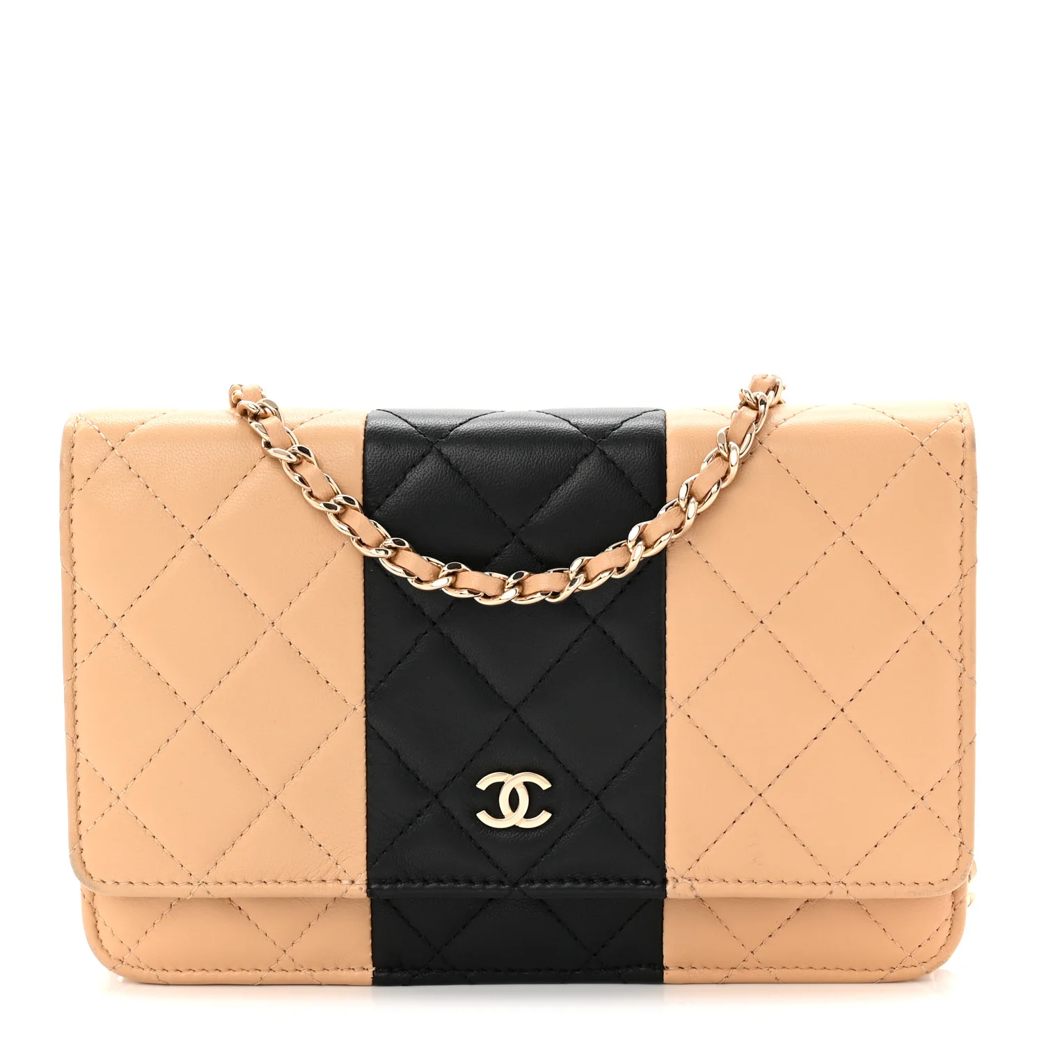 Lambskin Quilted Wallet On Chain WOC Beige Black - Image 2