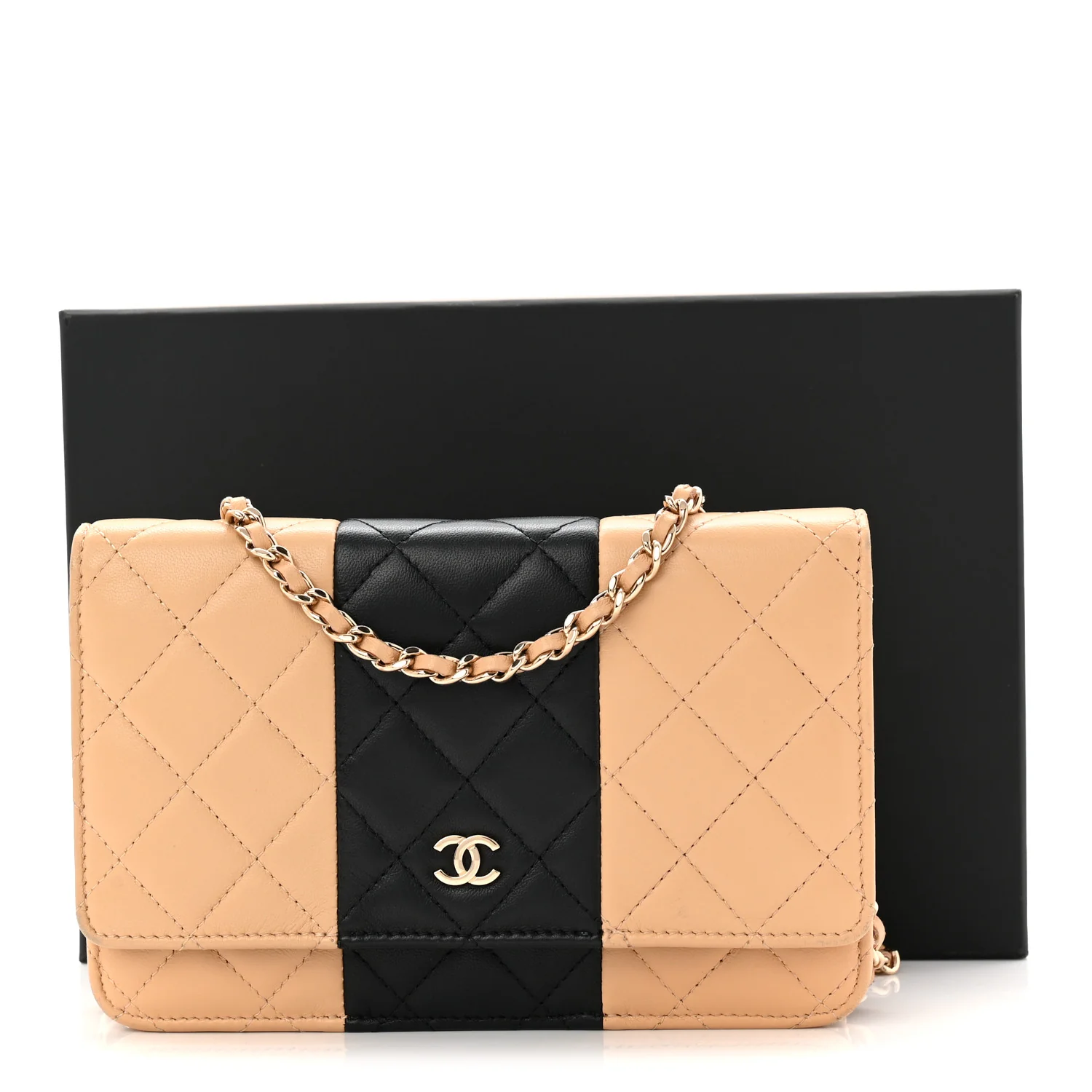 Lambskin Quilted Wallet On Chain WOC Beige Black - Image 23