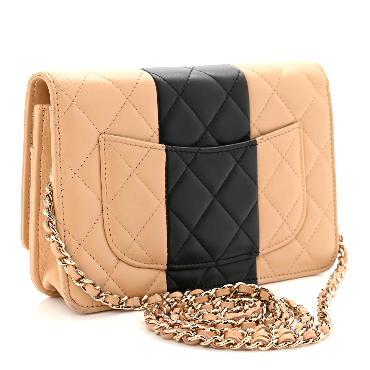 Lambskin Quilted Wallet On Chain WOC Beige Black - Image 5