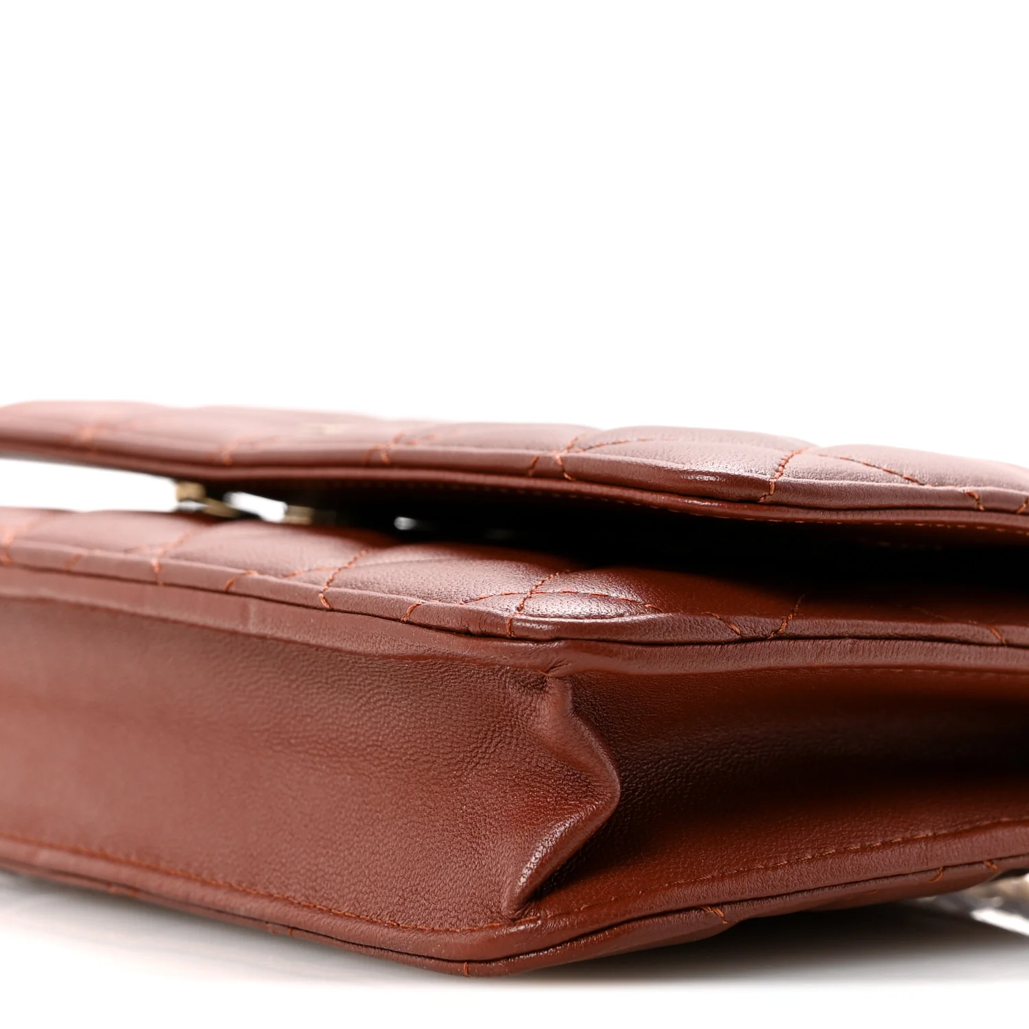 Lambskin Quilted Wallet On Chain WOC Brown - Image 10