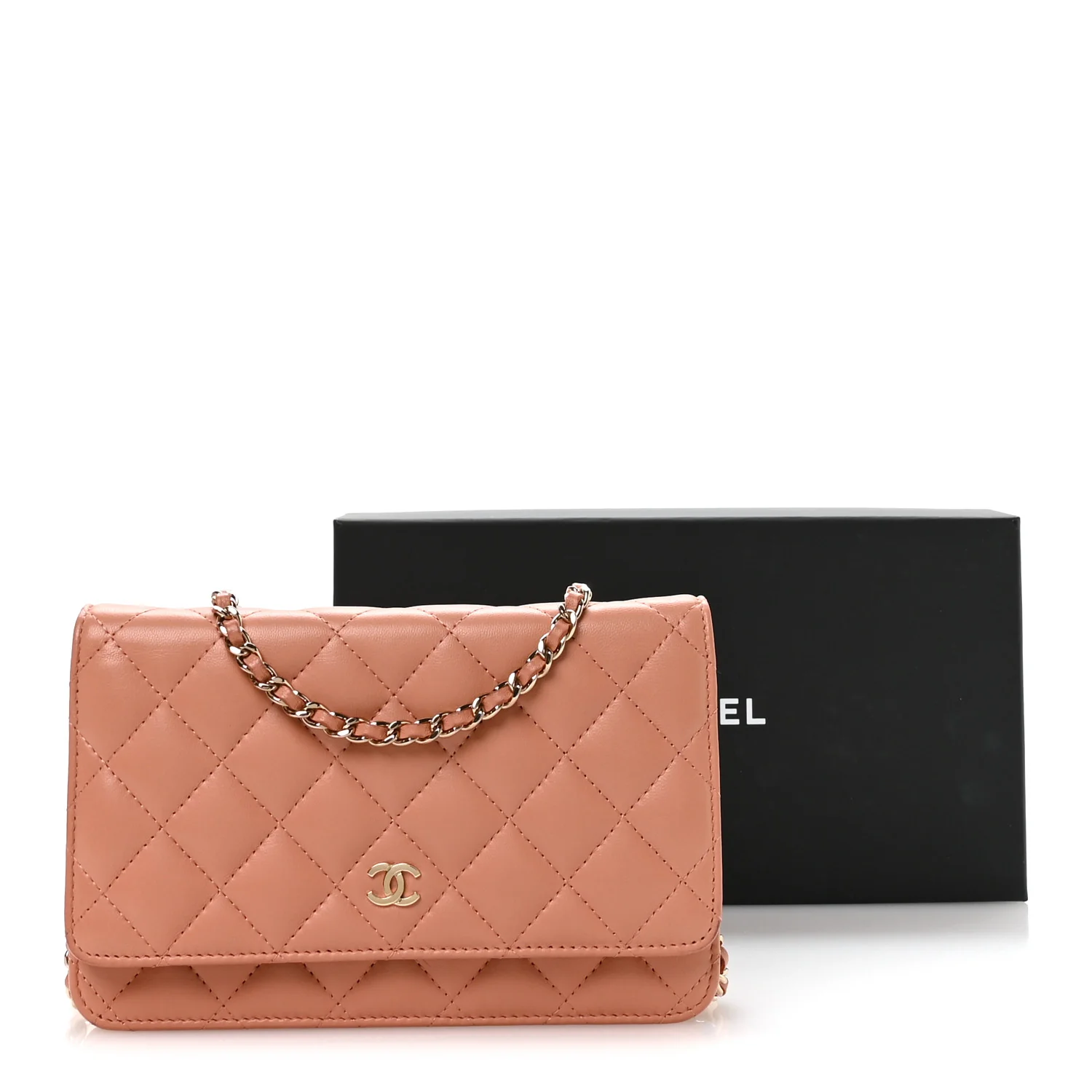 Lambskin Quilted Wallet on Chain WOC Salmon Pink - Image 12