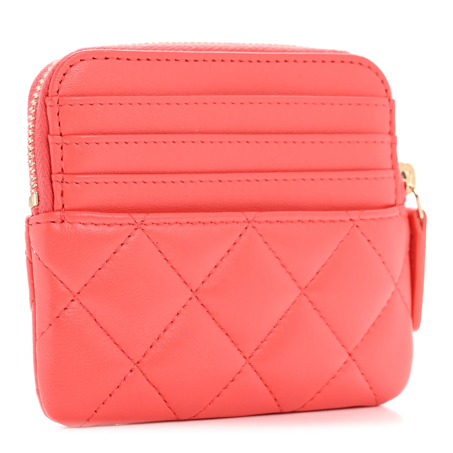Lambskin Quilted Zip Card Holder Wallet Coral - Image 3