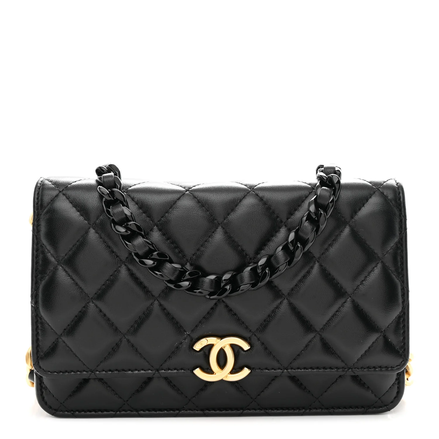Lambskin Resin Quilted Wallet On Chain WOC Black