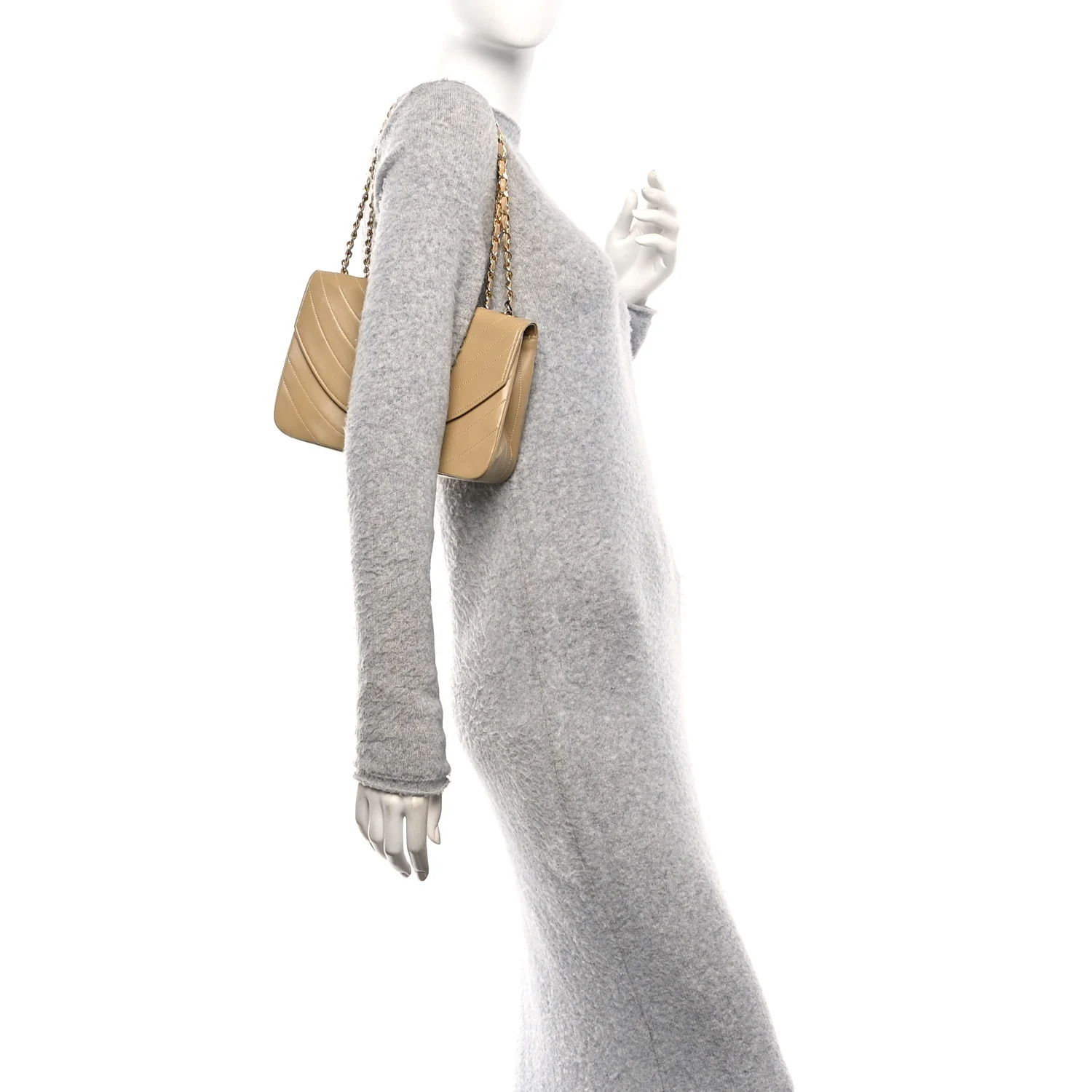 Lambskin Ribbon Stitched Flap Beige - Image 2
