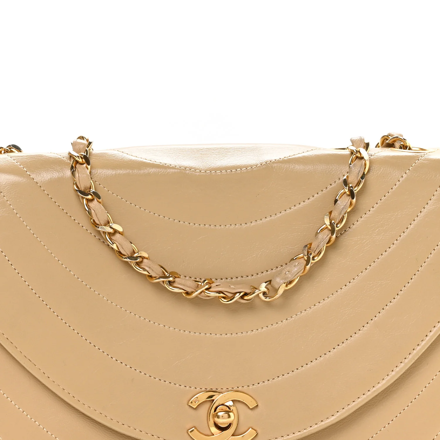 Lambskin Ribbon Stitched Flap Beige - Image 9
