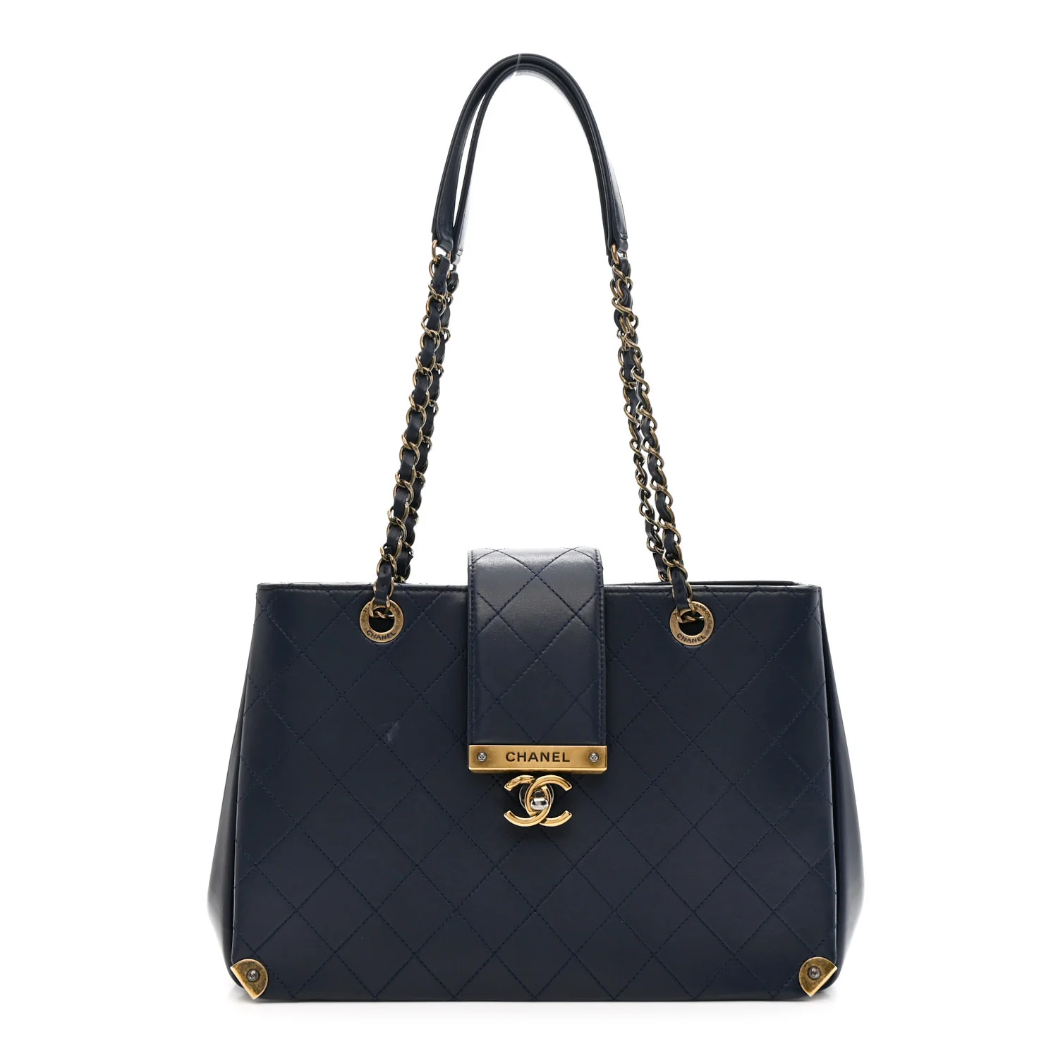 Lambskin Stitched Medium Around The Corner Shopping Tote Deep Marine