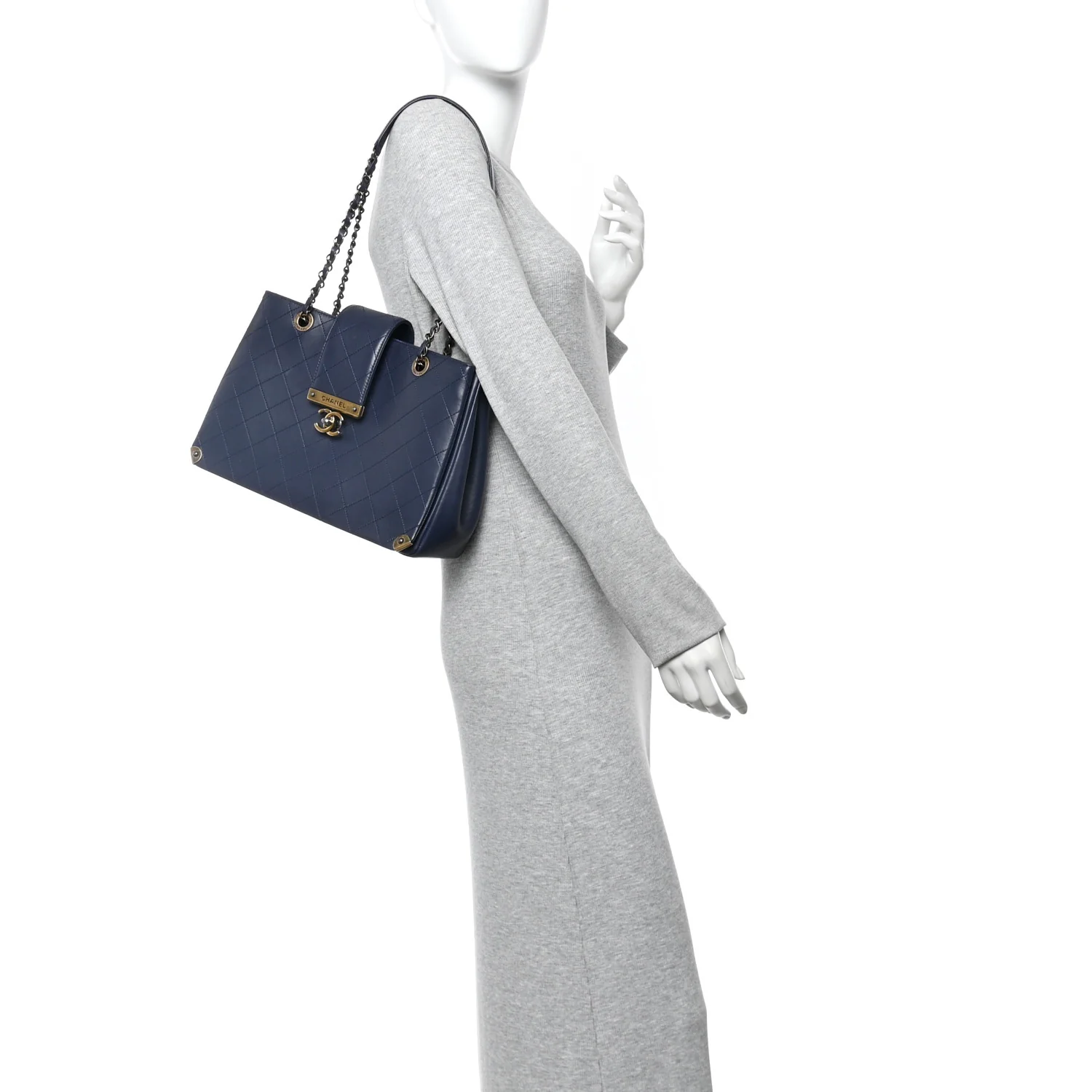 Lambskin Stitched Medium Around The Corner Shopping Tote Deep Marine - Image 2